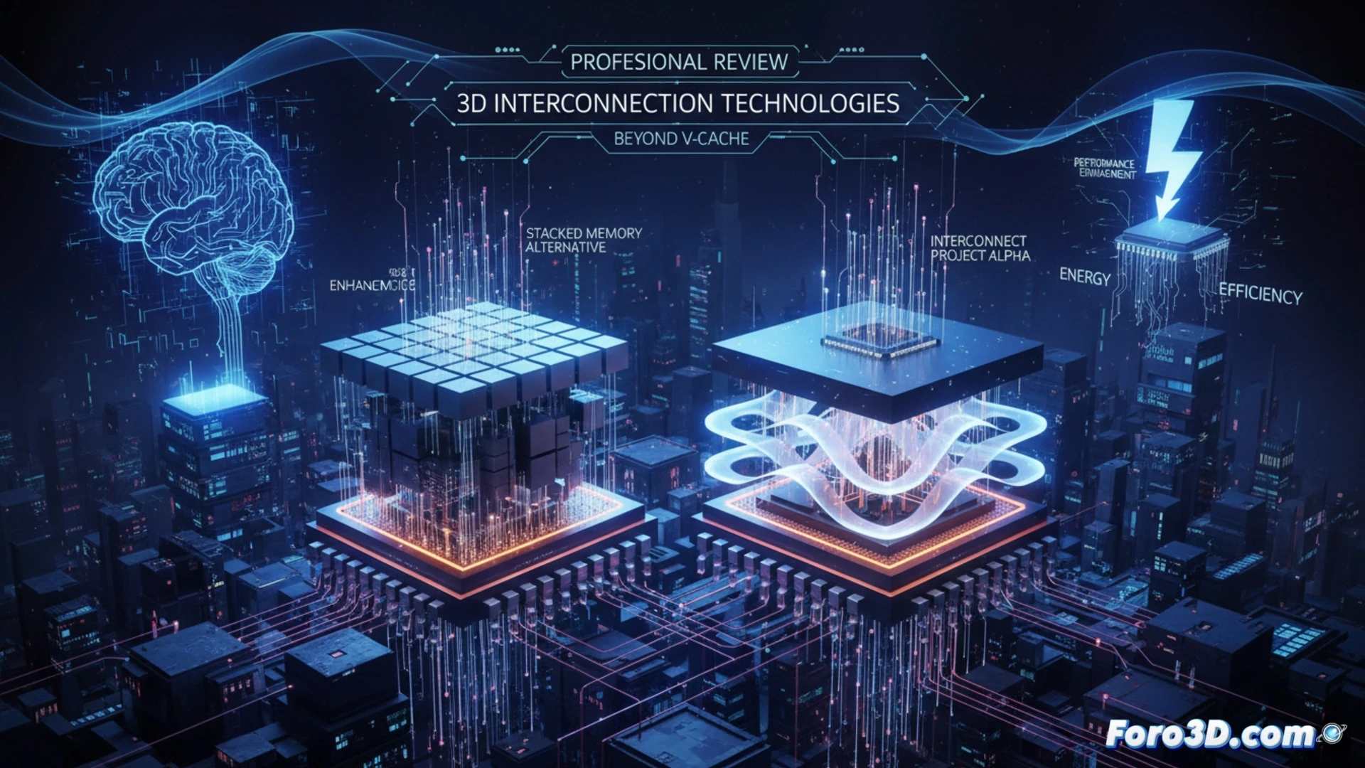 Representación 3D de una pila de chiplets con interconexiones verticales que los atraviesan.