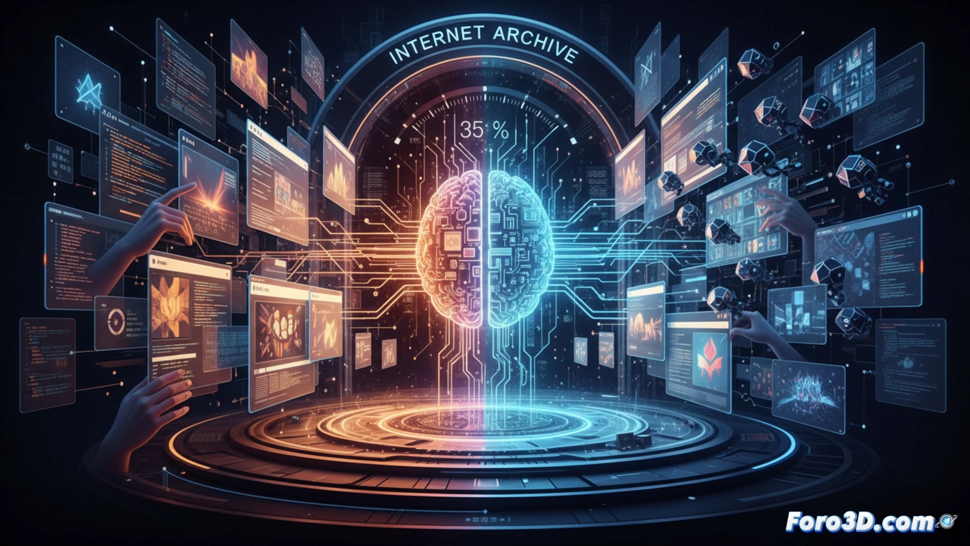 Infografía digital muestra un globo terráqueo pixelado con un 35% iluminado en neón azul, rodeado de engranajes robóticos y código binario sobre fondo oscuro.
