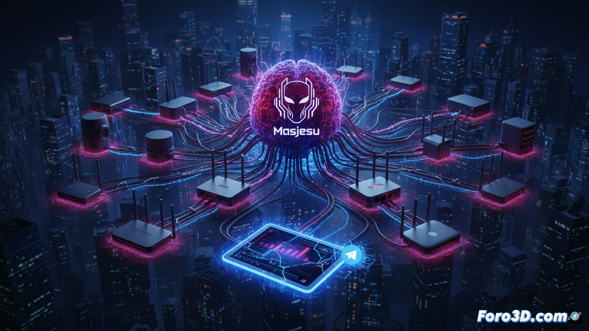 Una red de dispositivos IoT zombis, controlada por un botnet, lanzando ataques DDoS contra un servidor.