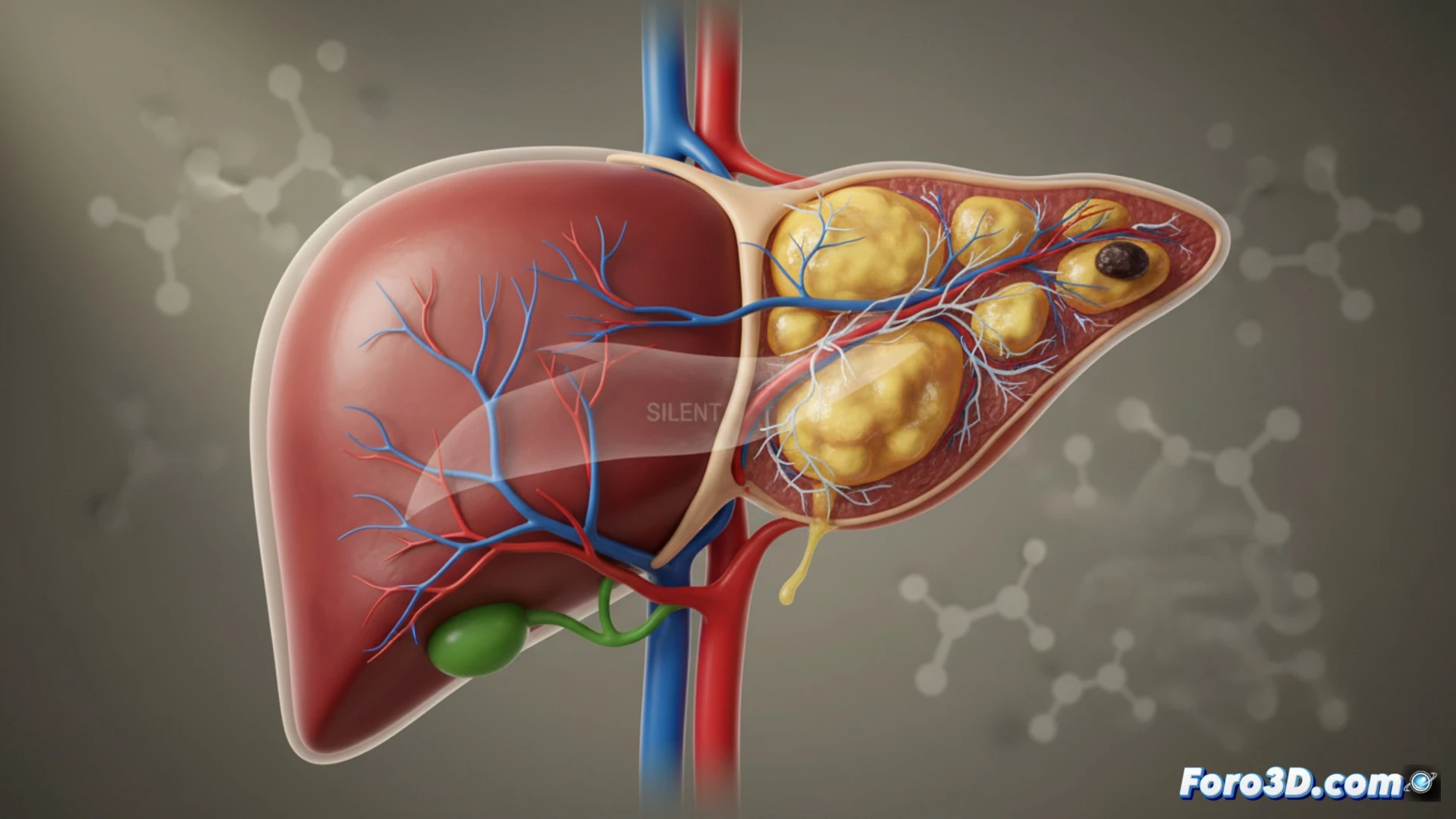 Modelo 3D de un hígado humano mostrando la progresión de la esteatosis a la fibrosis avanzada, con gráficos de prevalencia.