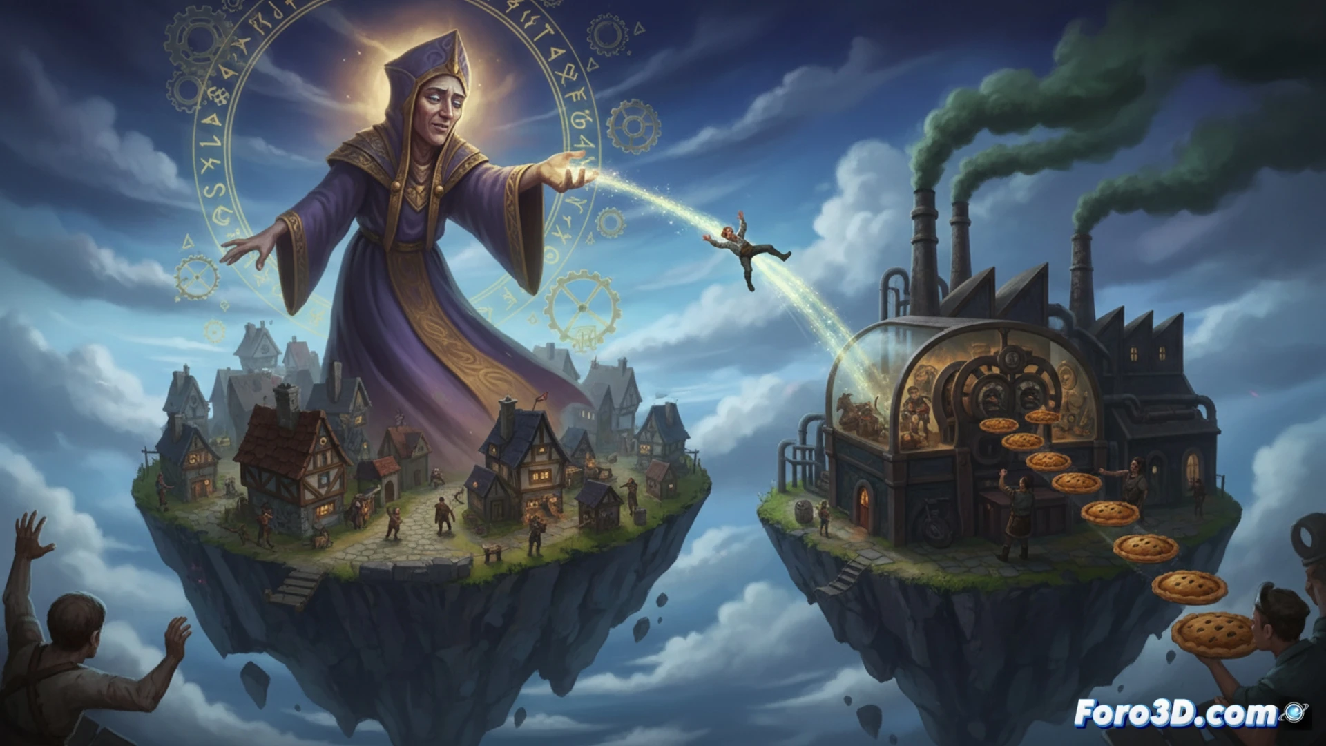 Un dios torpe lanza aldeanos al vacío mientras un pastel gigante se rellena con ratas en una aldea medieval.