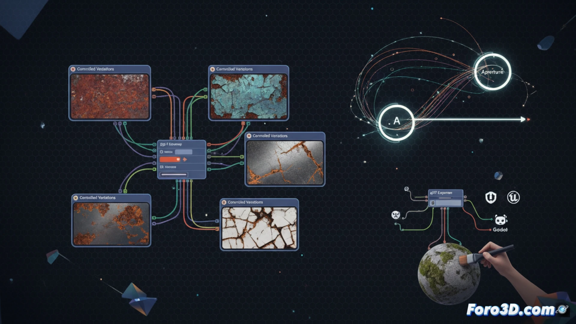 Interfaz de Material Maker 1.6 con nodos Aperture y panel de variaciones controladas, mostrando texturas procedurales PBR.