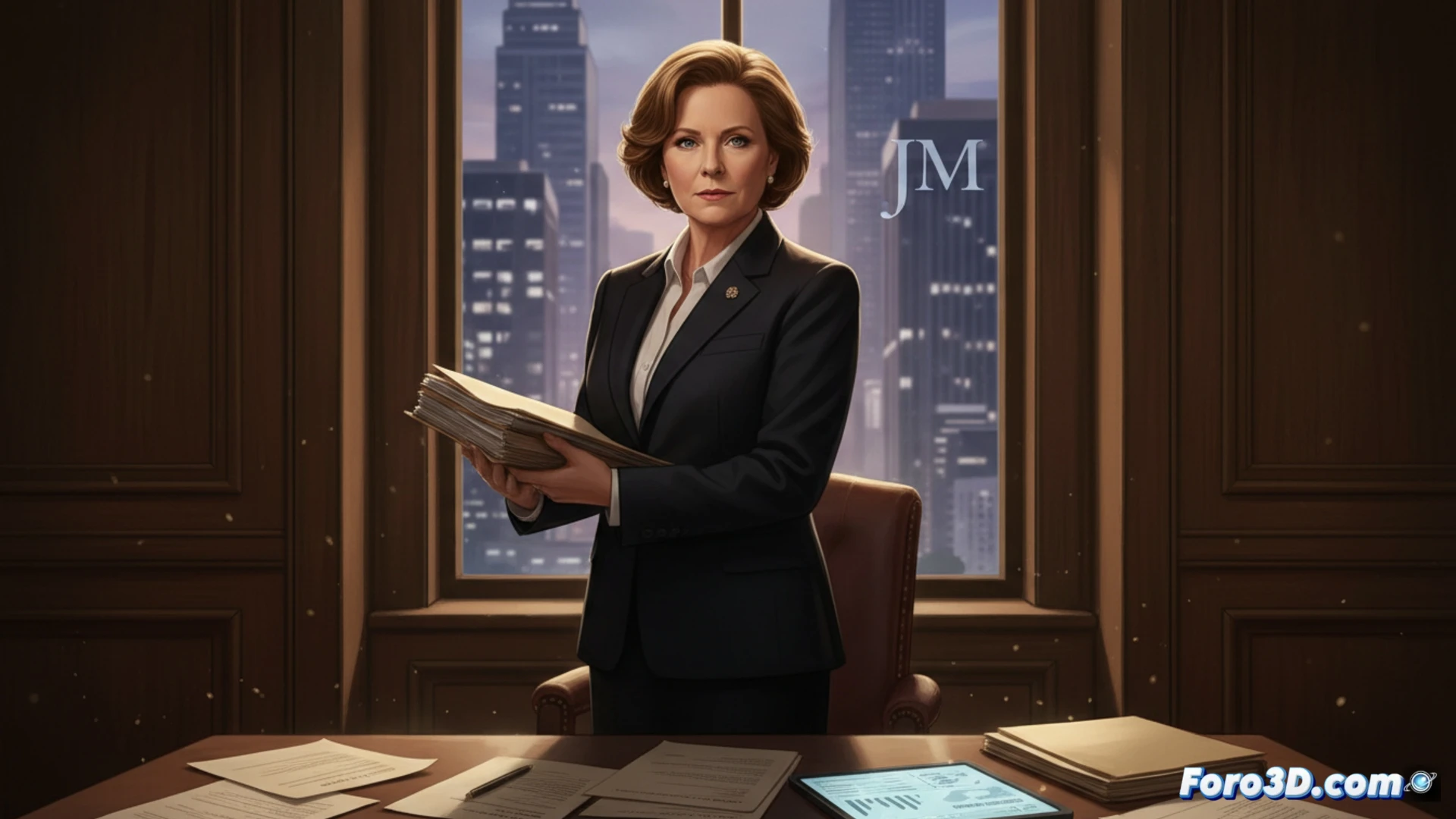 Matty Matlock, con mirada firme, cierra un expediente sobre la mesa, mientras documentos sobre opioides caen al suelo.