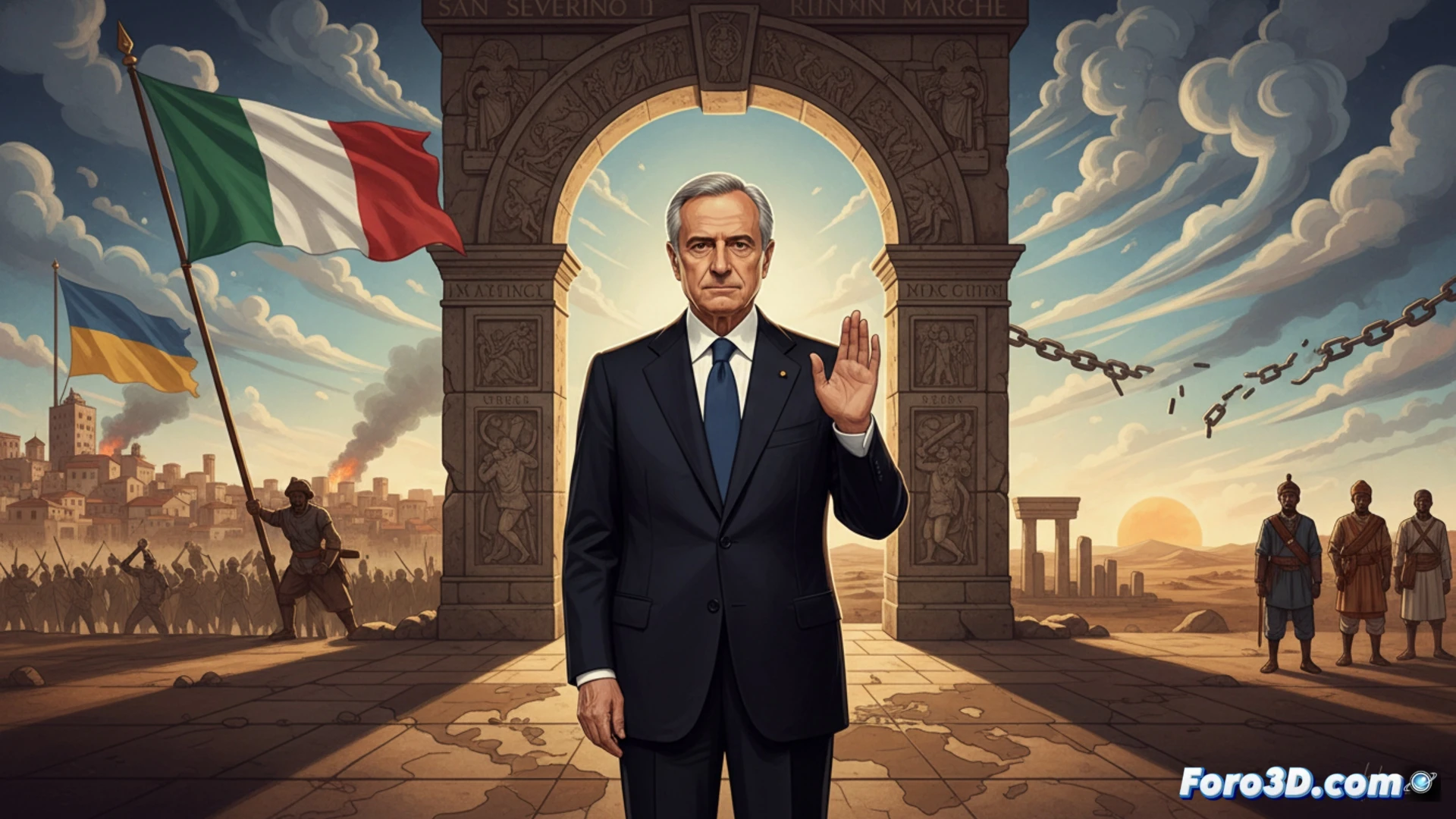 El presidente Mattarella, de pie en San Severino, alza la mano frente a una multitud; al fondo, banderas italianas y un horizonte con nubes de tormenta simbolizan la resistencia democrática contra el totalitarismo.