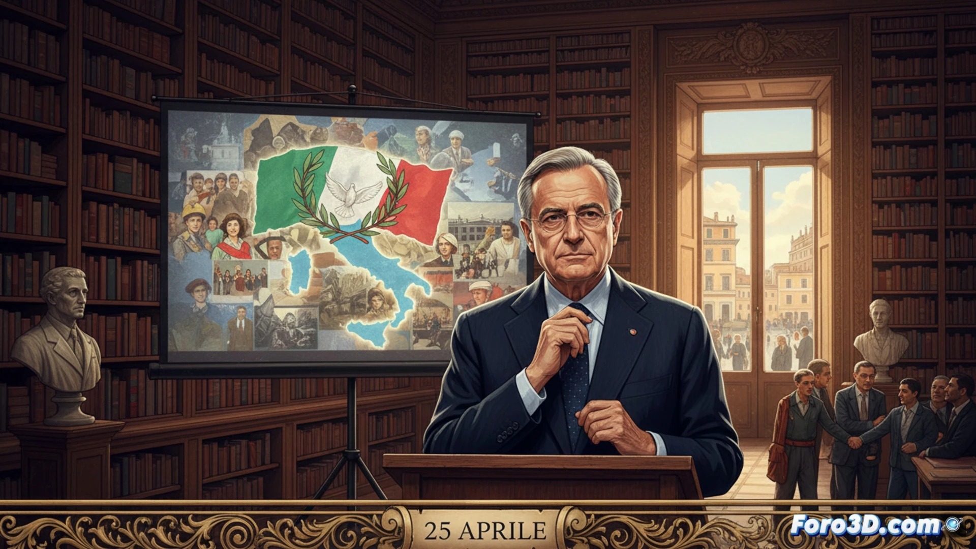 Sergio Mattarella ante banderas italianas, con veteranos y partisanos; fondo de paz y valores constitucionales.