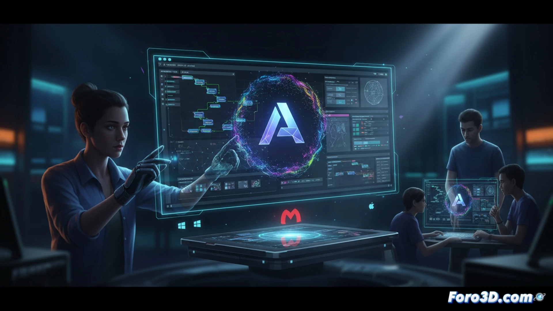 Una interfaz moderna de software 3D y motion graphics, con herramientas destacadas y el logo de Autograph 2026.0.