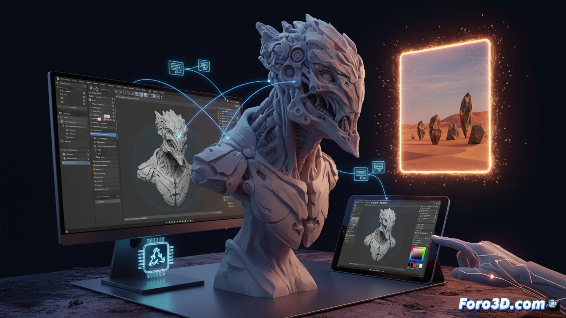 Una artista esculpe un modelo 3D en ZBrush en un iPad, con un flujo directo a Substance Painter en segundo plano.