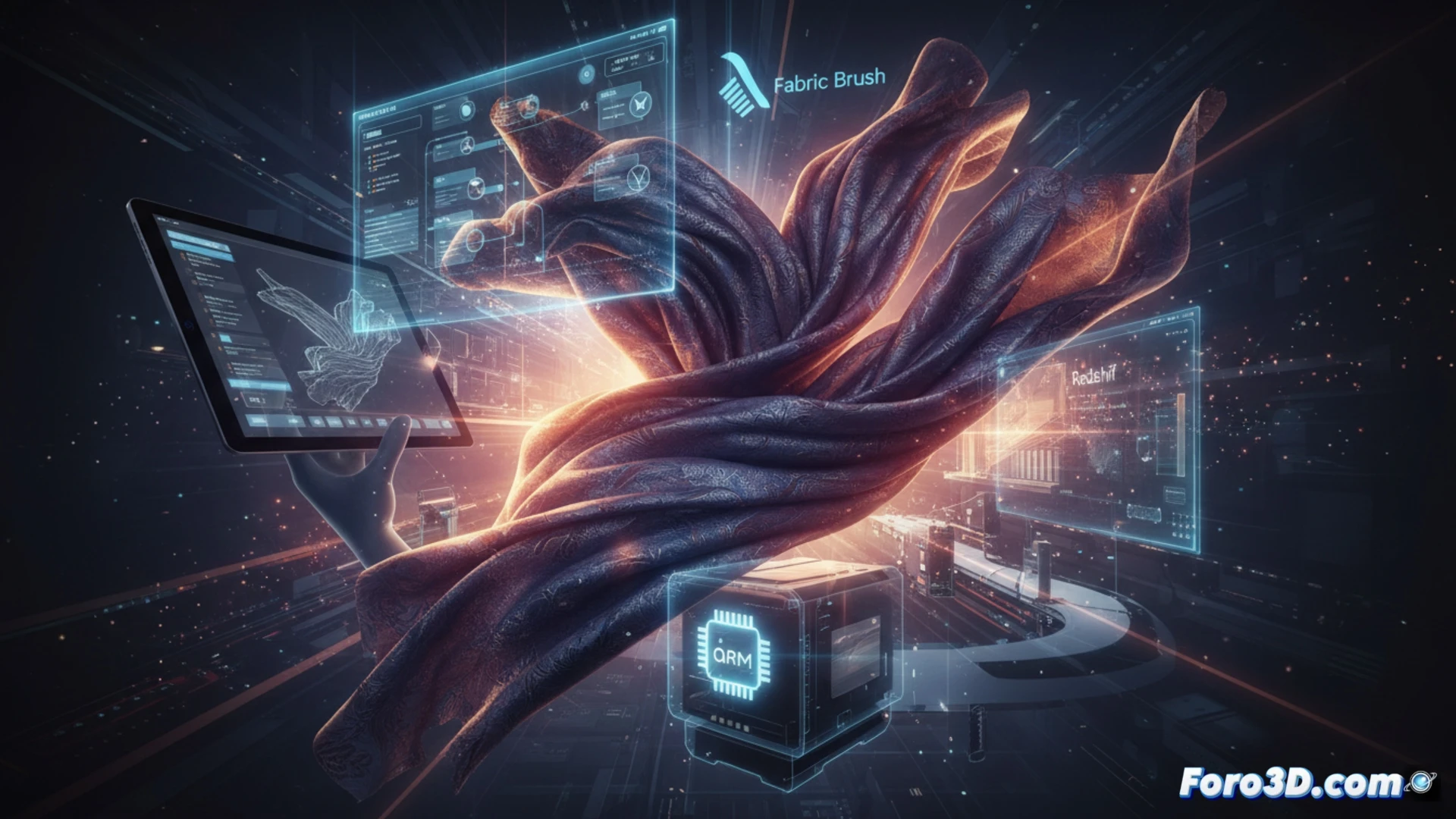 Un artista esculpe tela realista con Fabric Brush en Cinema 4D 2026.2 sobre un iPad.