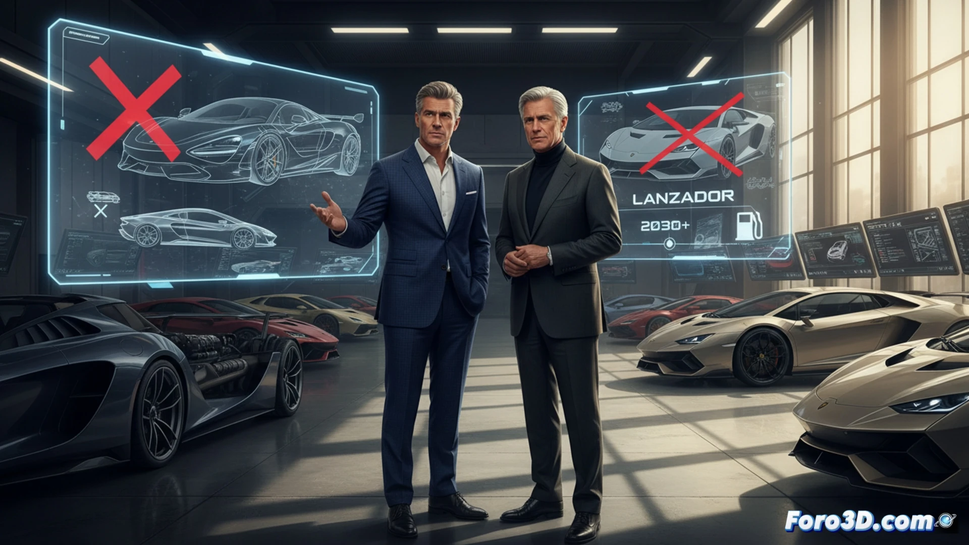 Dos superdeportivos, un McLaren y un Lamborghini, frenan ante un letrero que dice 'futuro eléctrico'.