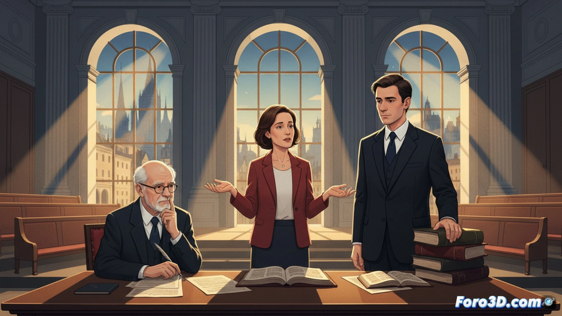 Una socióloga señala retratos de Jospin y Habermas sobre un escritorio, con la bandera francesa difuminada al fondo.