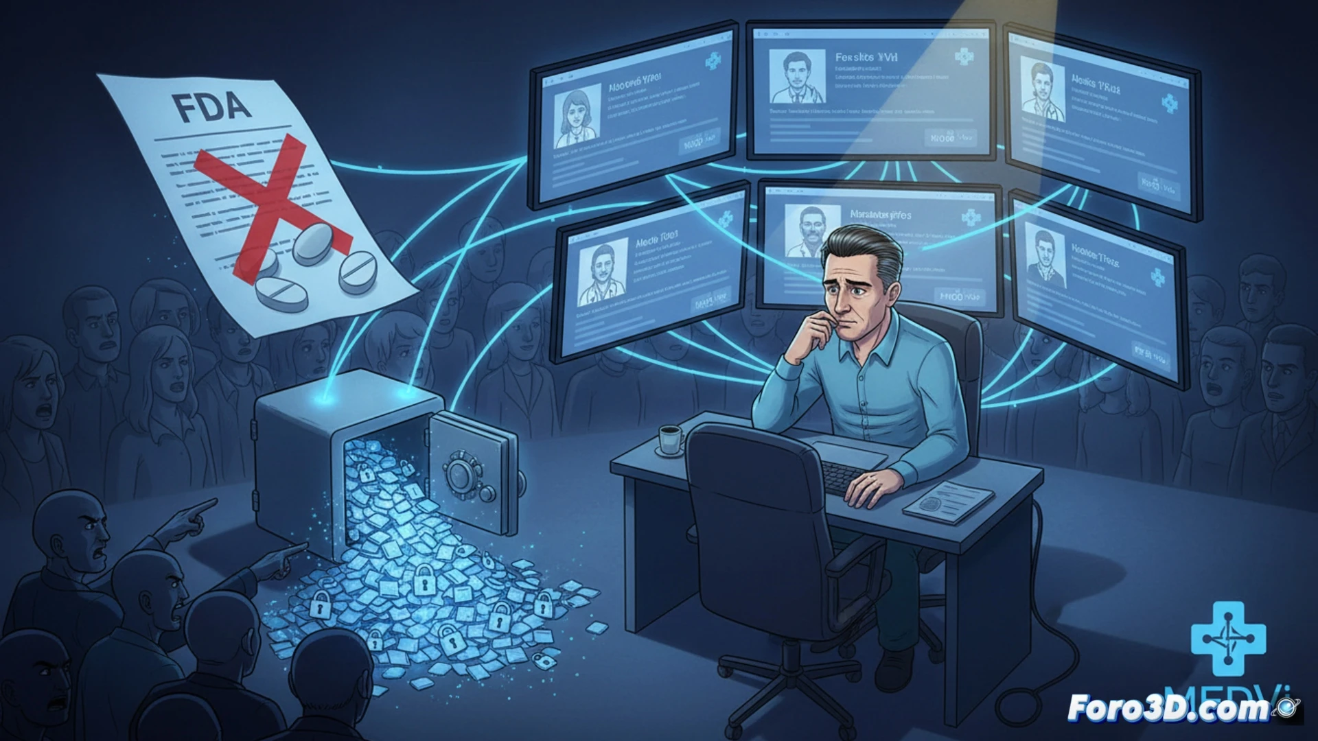 Una plataforma de telemedicina 'MEDVi' con logos falsos de Facebook y la FDA, mostrando una filtración masiva de datos de pacientes.