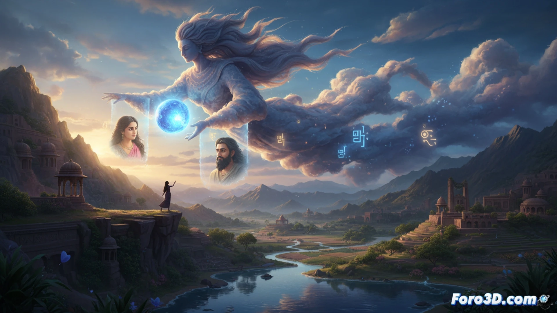 Una nube digital de particulas viaja sobre un mapa topografico 3D de la India antigua, llevando un mensaje luminoso.