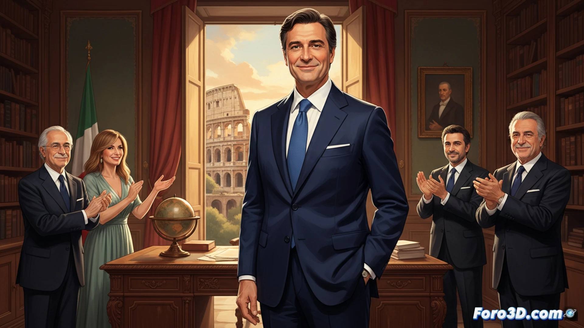 Giorgia Meloni presenta a Gianmarco Mazzi como nuevo ministro de Turismo, rodeado de banderas italianas y apoyado por figuras del espectáculo como Bocelli.