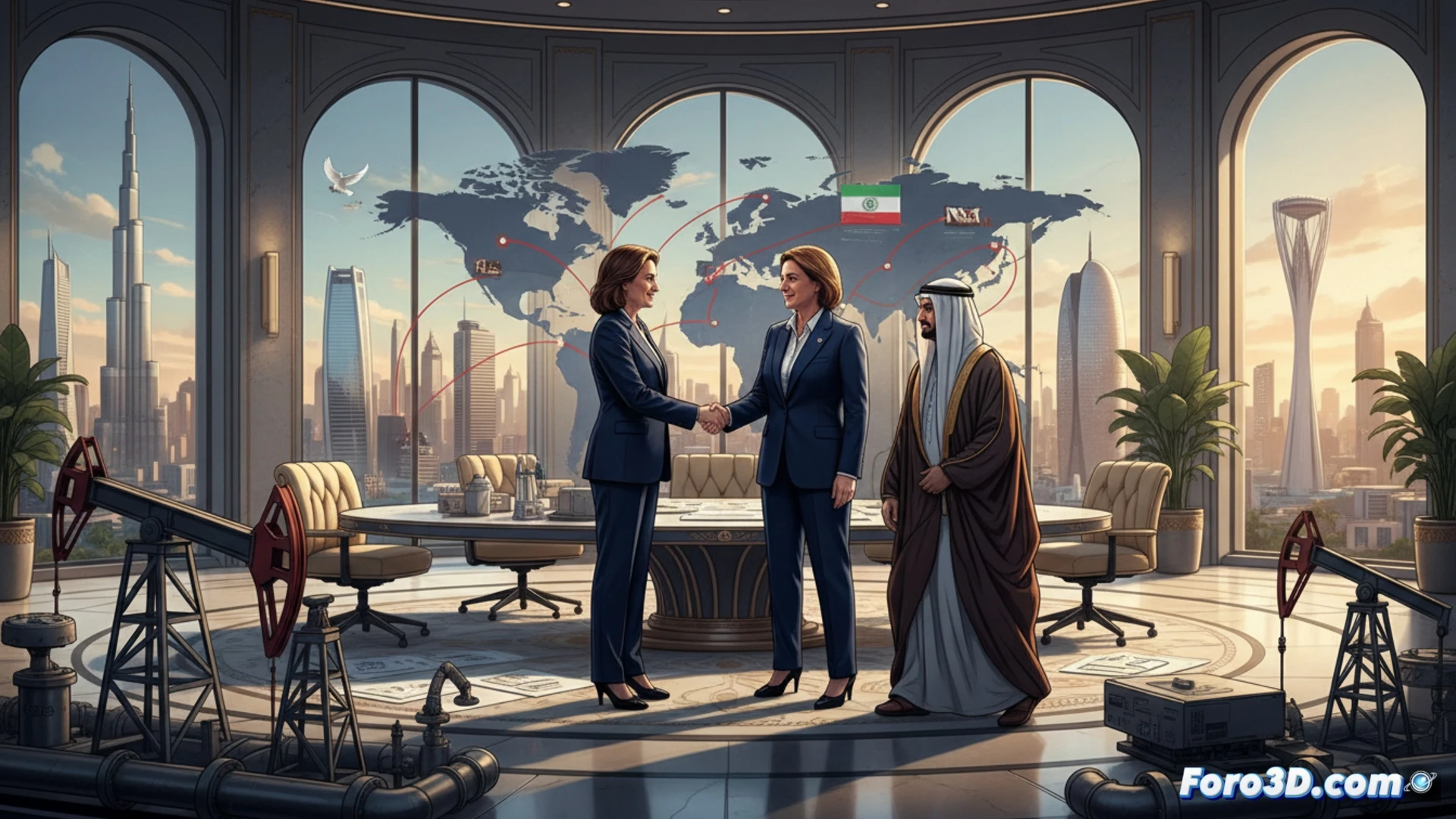 La primera ministra italiana, con traje oscuro, sostiene reuniones discretas en lujosos salones árabes, con mapas energéticos y banderas de Italia, Arabia Saudita, EAU y Qatar de fondo.