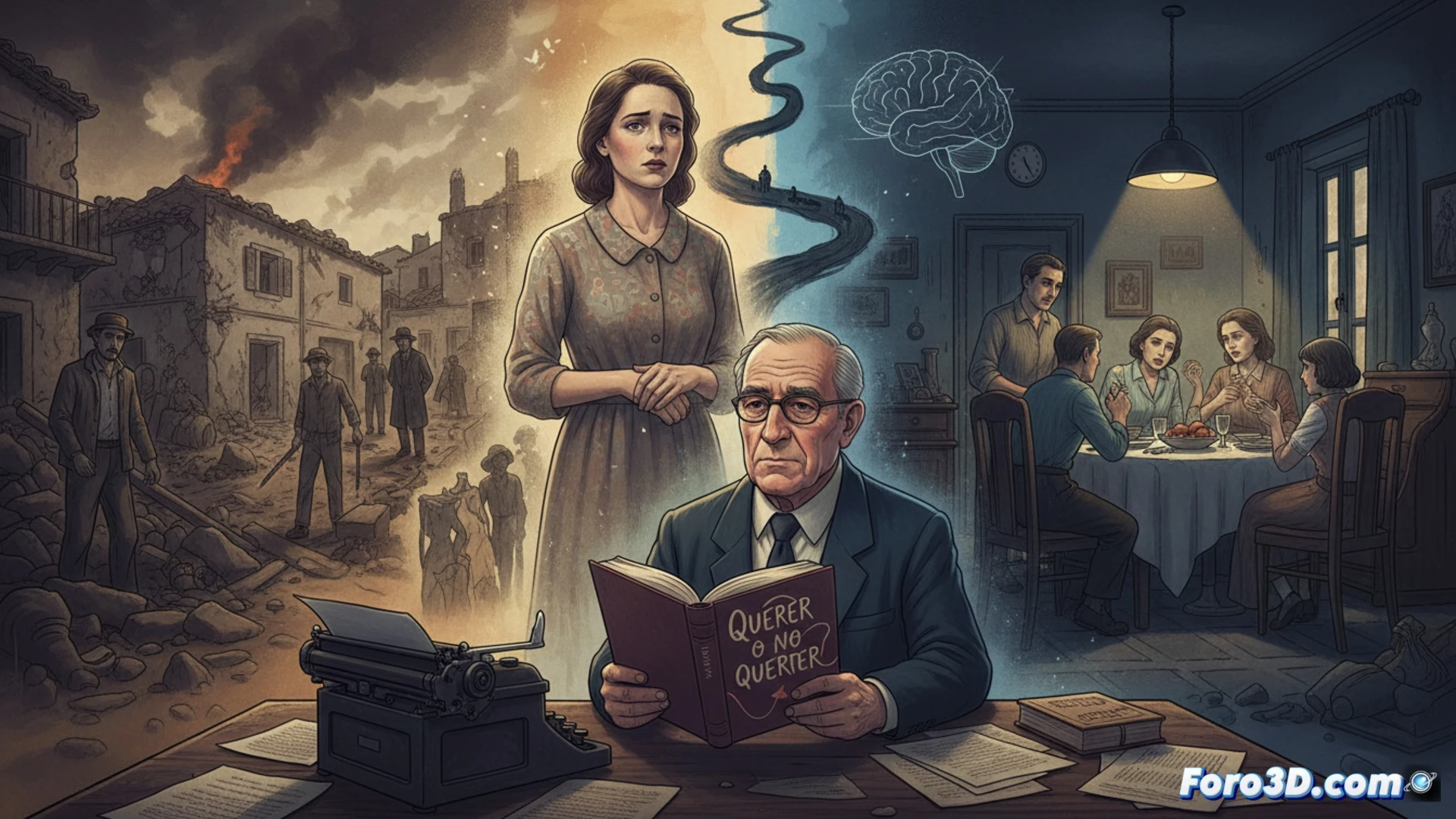 Una mujer joven mira fijamente por una ventana, con el reflejo borroso de un soldado en el cristal.