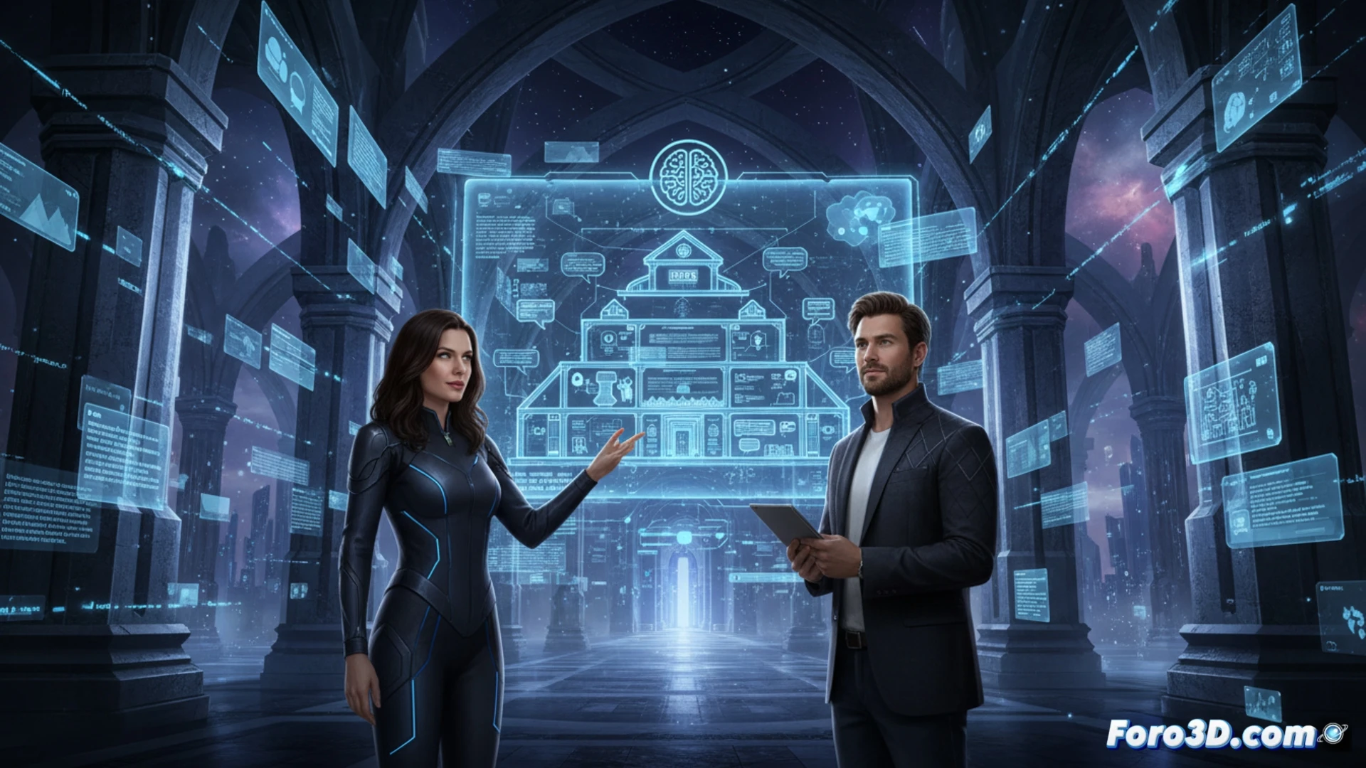 Una mujer y un hombre presentan un software de memoria para IA, con un palacio de datos brillante de fondo.