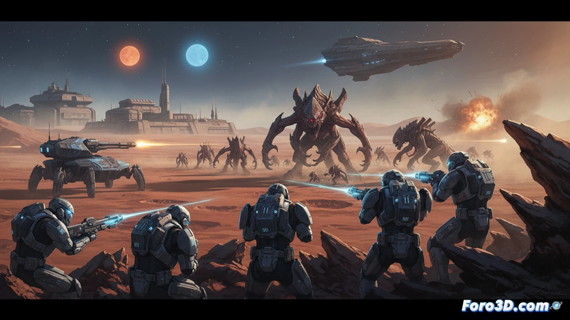 Un soldado en traje táctico futurista, revisando un mapa holográfico en un campo de batalla devastado, mientras su equipo se prepara.