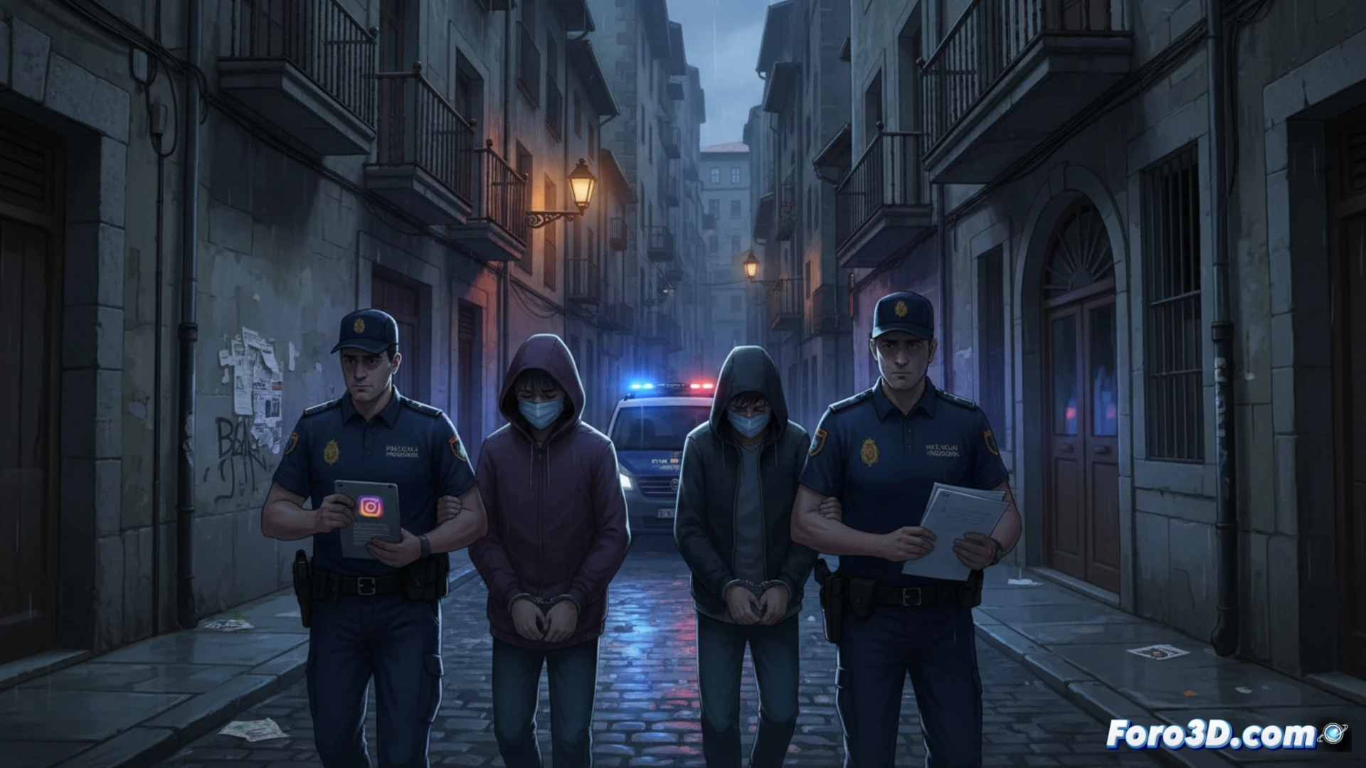 Cuatro menores esposados salen de un coche policial en Bilbao, con agentes y un teléfono móvil como evidencia.