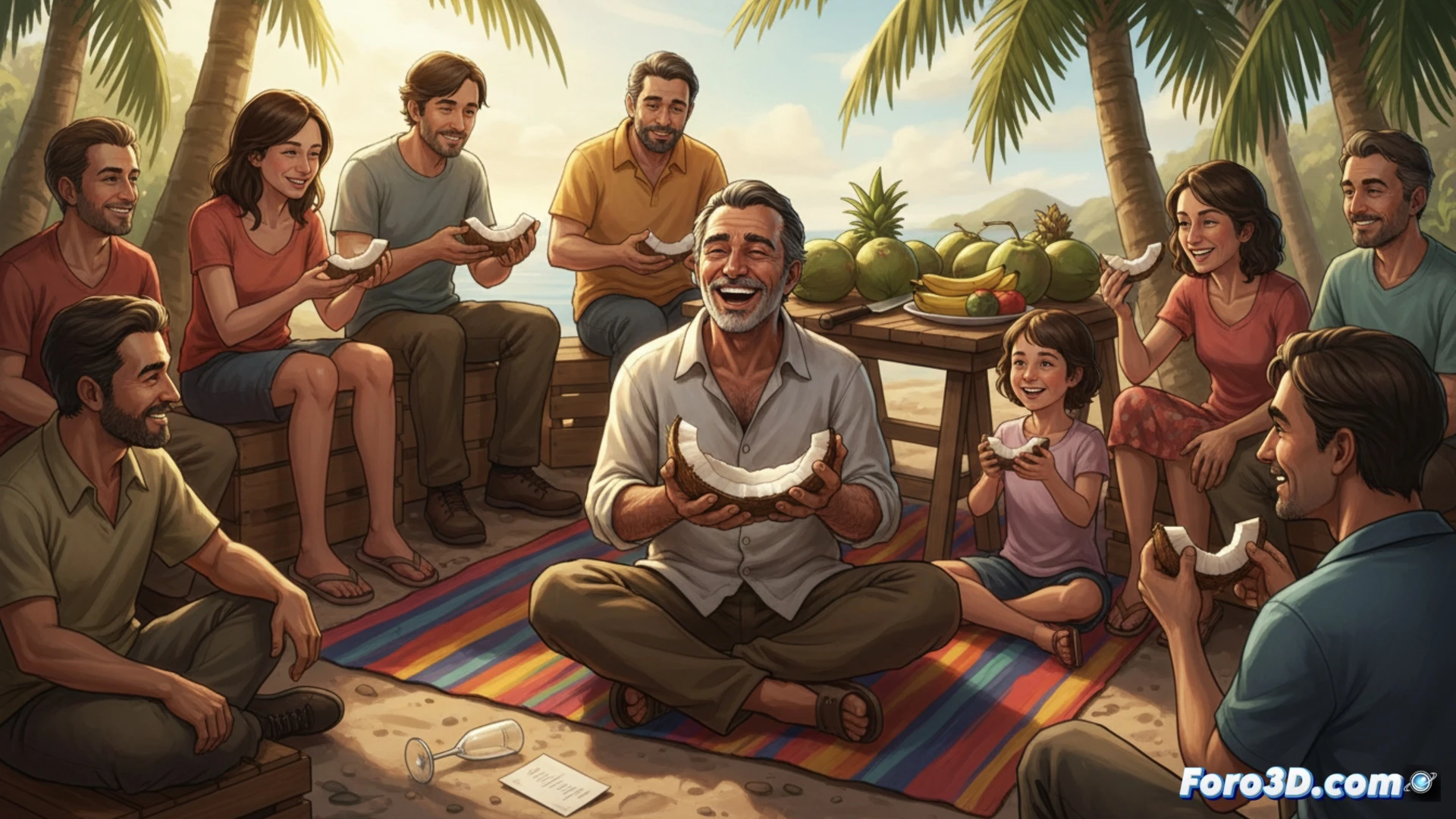 Imagen minimalista: sobre mesa de madera clara, una tajada de coco fresca junto a un reloj de pulsera descartado. Fondo difuso con palmeras al atardecer. Colores cálidos y naturales. Simboliza elegir placeres simples sobre el rigor del horario social.