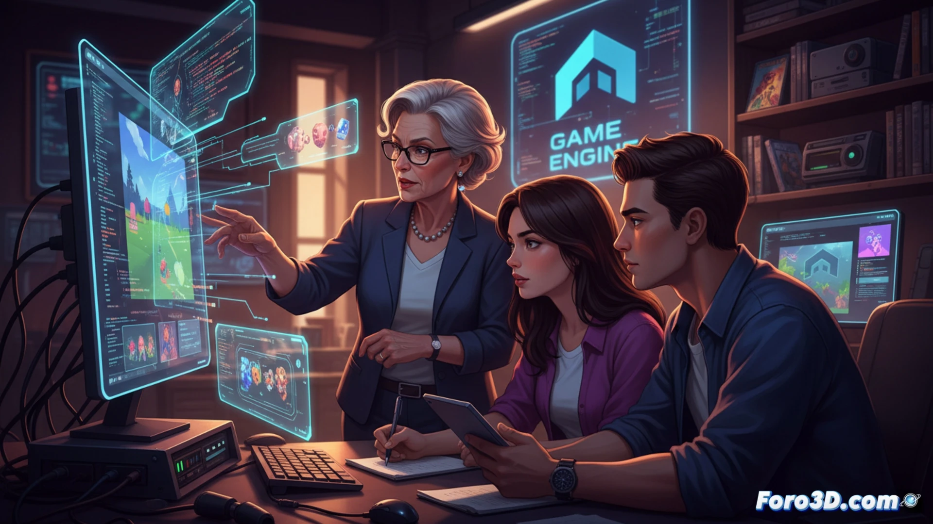 Un mentor experimentado guía a un desarrollador junior frente a una pantalla con código y un motor de videojuegos.
