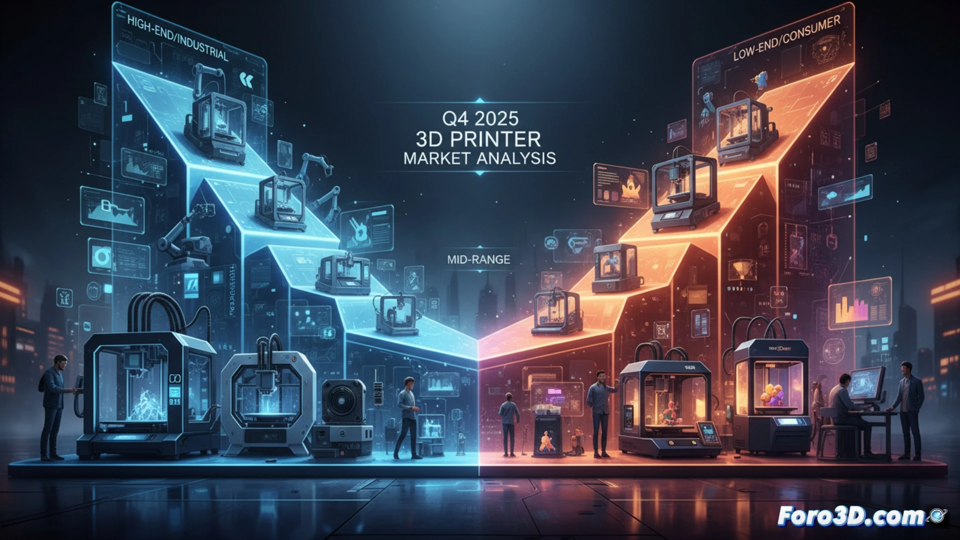 Imagen de un gráfico de barras con forma de reloj de arena. En los extremos, barras verdes altas etiquetadas como 'Gama alta' y 'Gama baja'. En el centro, una barra roja baja y quebrada etiquetada 'Gama media'. Al fondo, sombras de impresoras 3D de lujo y económicas, con una grieta digital en el medio.