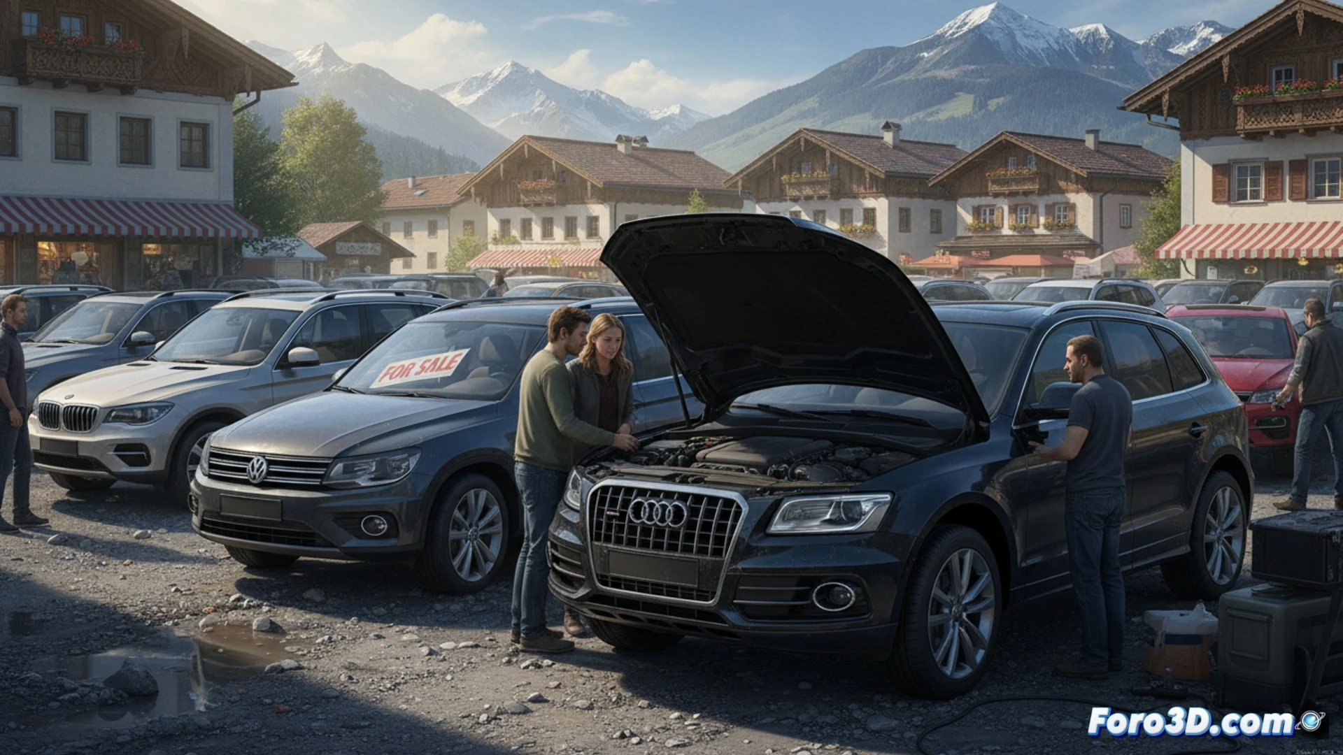 Un mercado de coches usado con filas de SUV, clientes evaluando vehículos y algunos modelos generando discusión entre compradores.