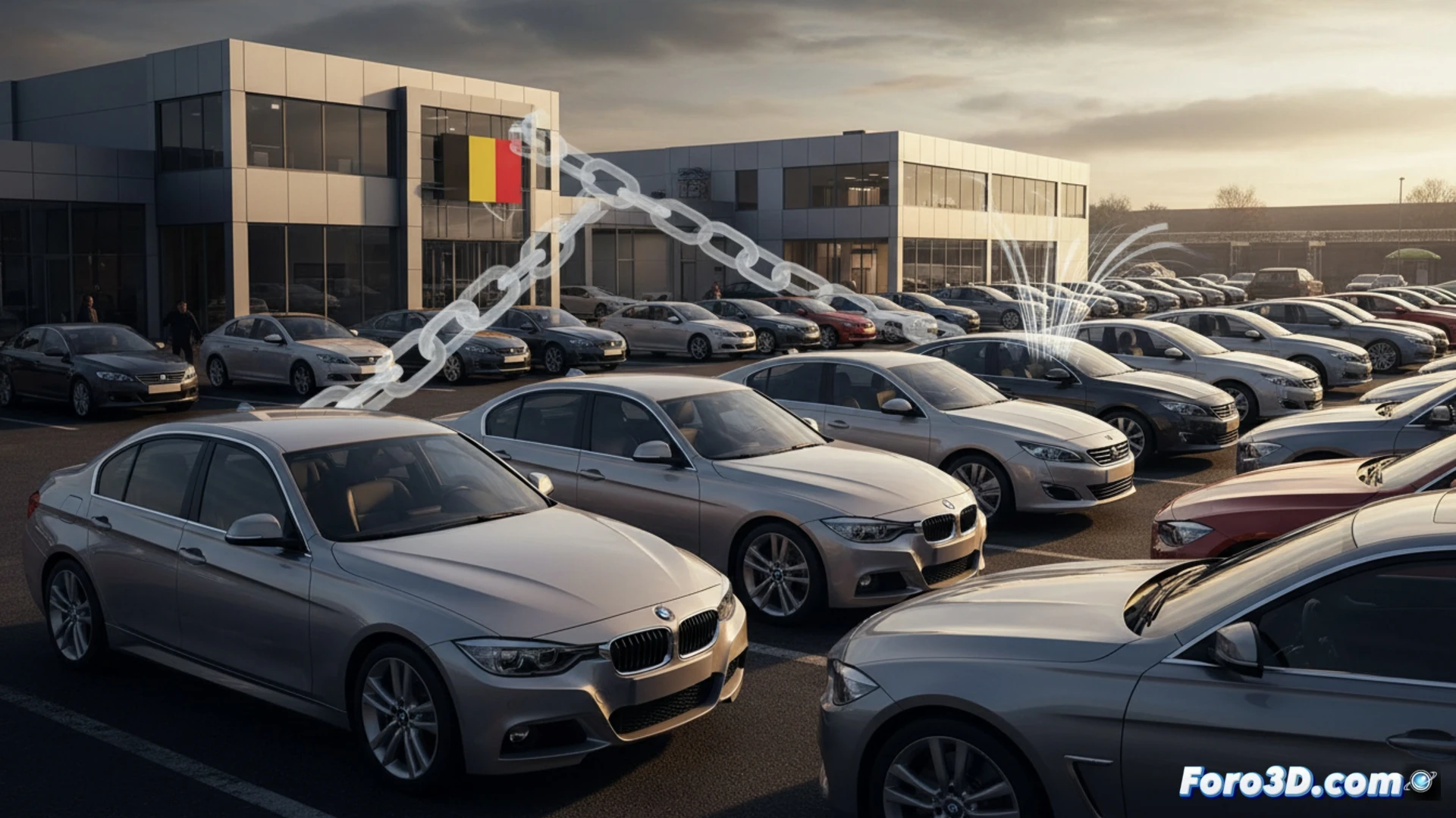 Un concesionario con varios BMW Serie 3 y Peugeot 508 destacados, mostrando la oferta de leasing y diésel.