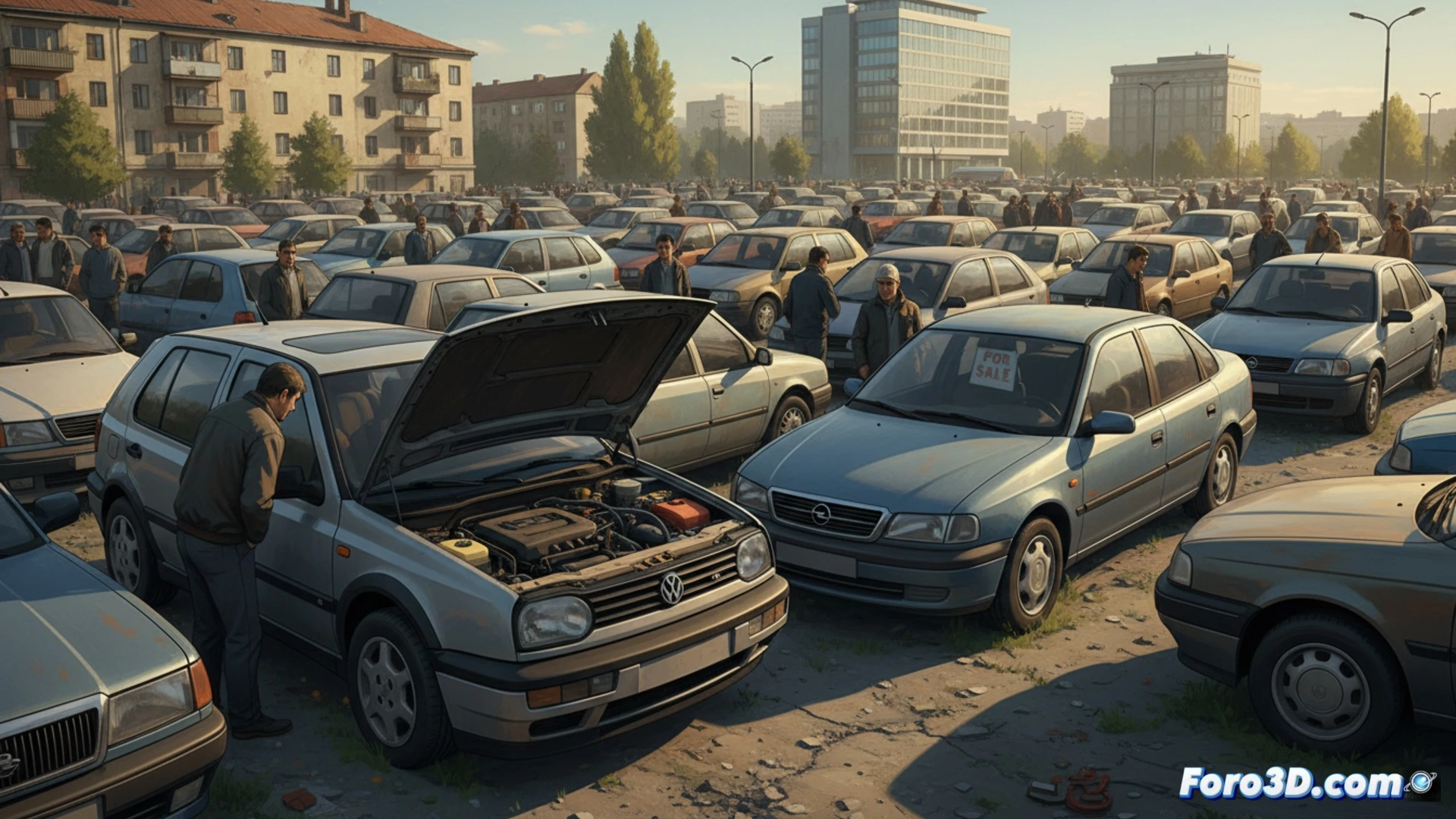 Un Volkswagen Golf antiguo y un Opel Vectra estacionados en un mercado búlgaro de coches usados, bajo un cielo nublado.