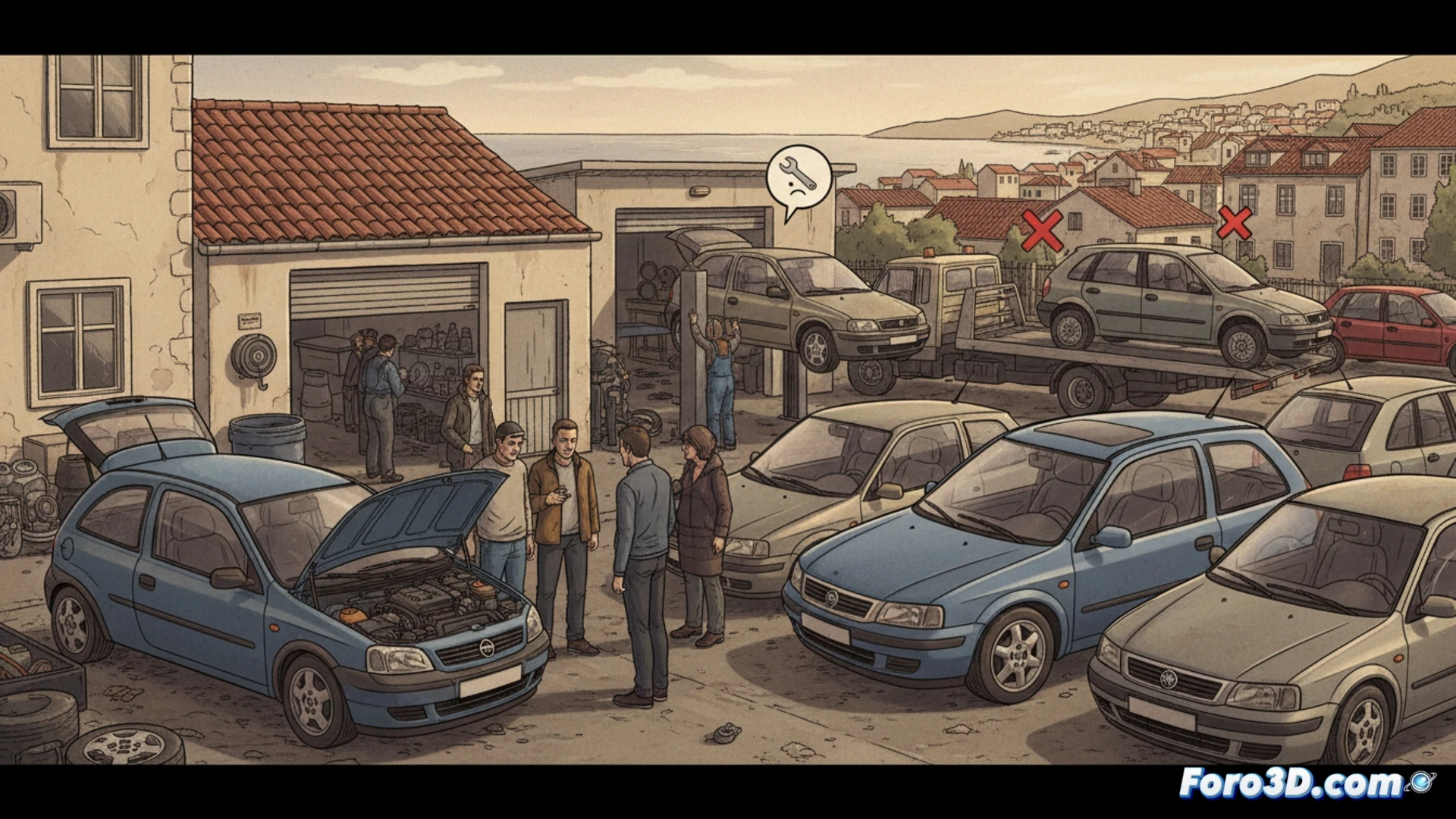 Un mercado de coches usados con compradores revisando compactos diésel, mientras un Opel Corsa espera en un taller cercano.