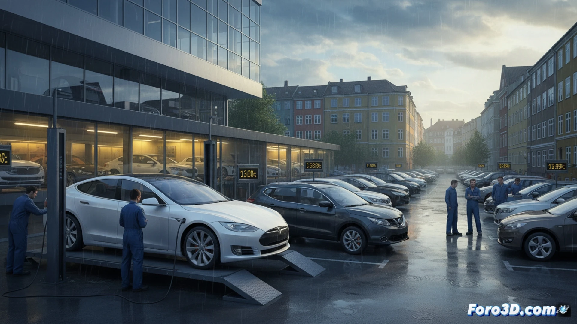 Un taller mecánico con un Tesla Model S y un Nissan Qashqai de segunda mano en Dinamarca.