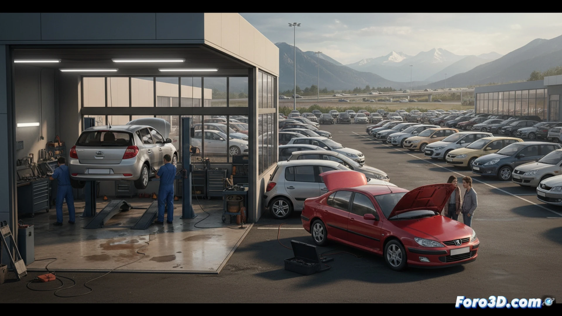 Un taller mecánico con un Kia Ceed y un Peugeot 407 en primer plano, clientes revisando coches compactos de segunda mano.