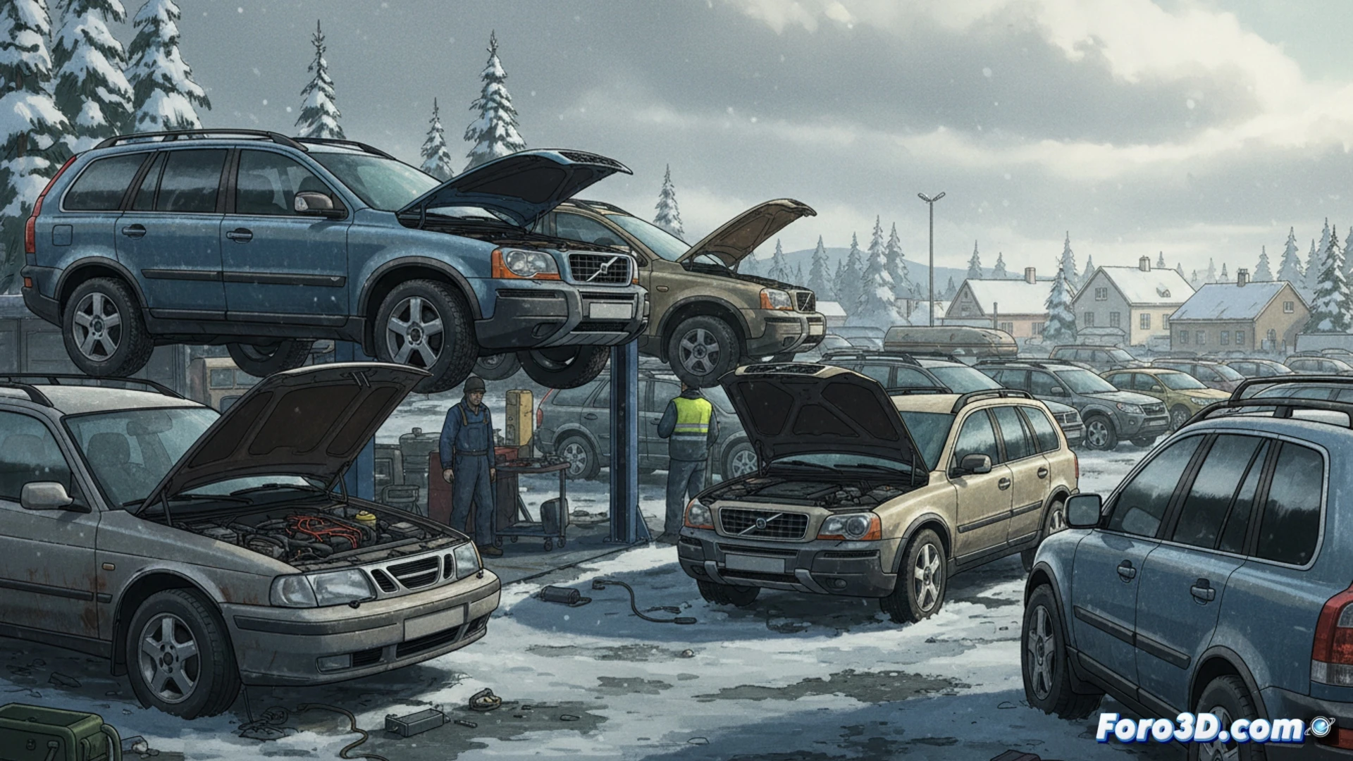 Un mercado de coches usado en Estonia, con SUV predominando y modelos como Volvo XC90 y Saab 9-3 en primer plano.