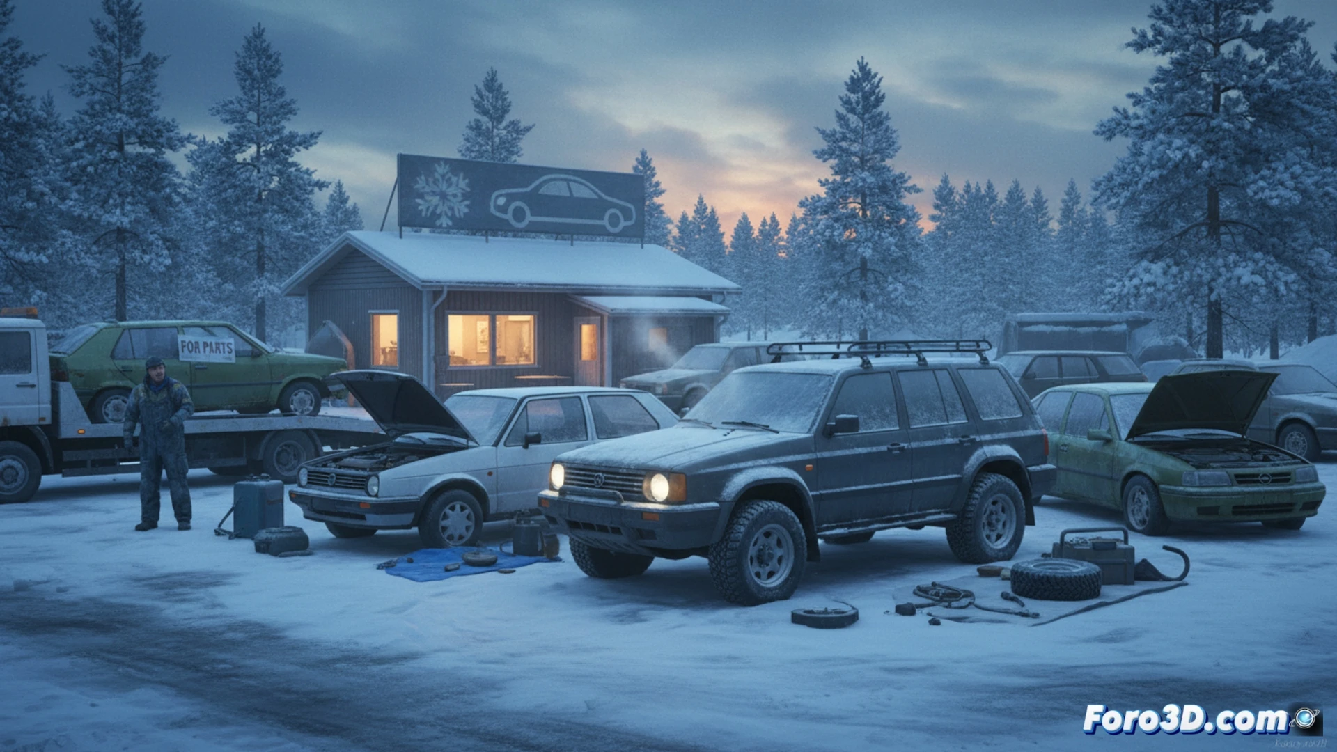 Un Volkswagen Golf y un Opel Vectra estacionados en un mercado de coches usados bajo un cielo nórdico invernal.