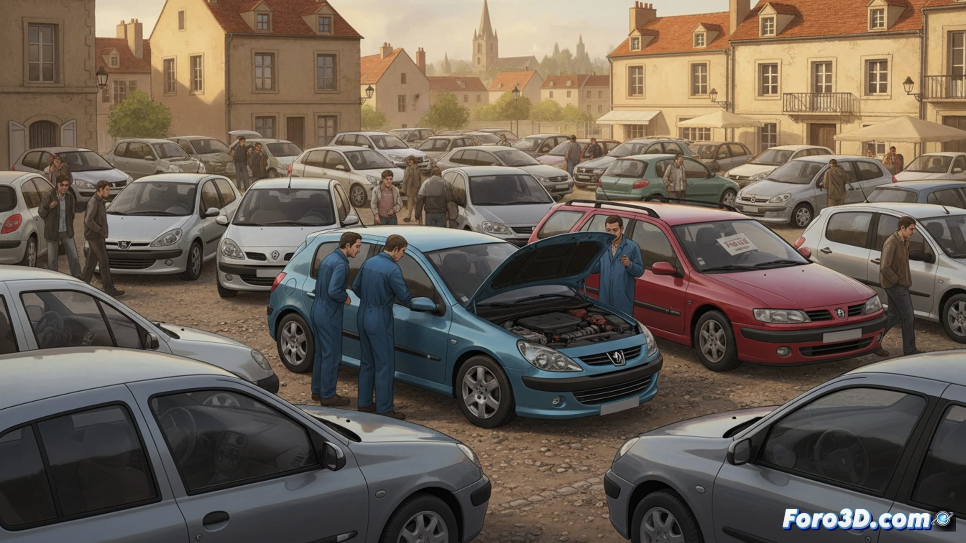 Un Renault Laguna y un Peugeot 308 aparcados frente a un taller mecánico en Francia.