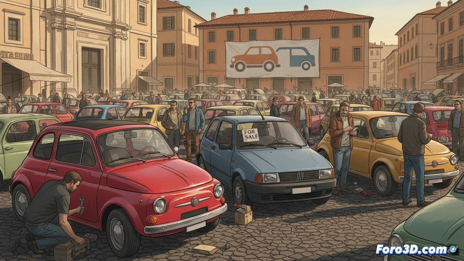 Un Fiat 500 y un Punto usados, en un lote de venta, bajo la atenta mirada de un comprador.