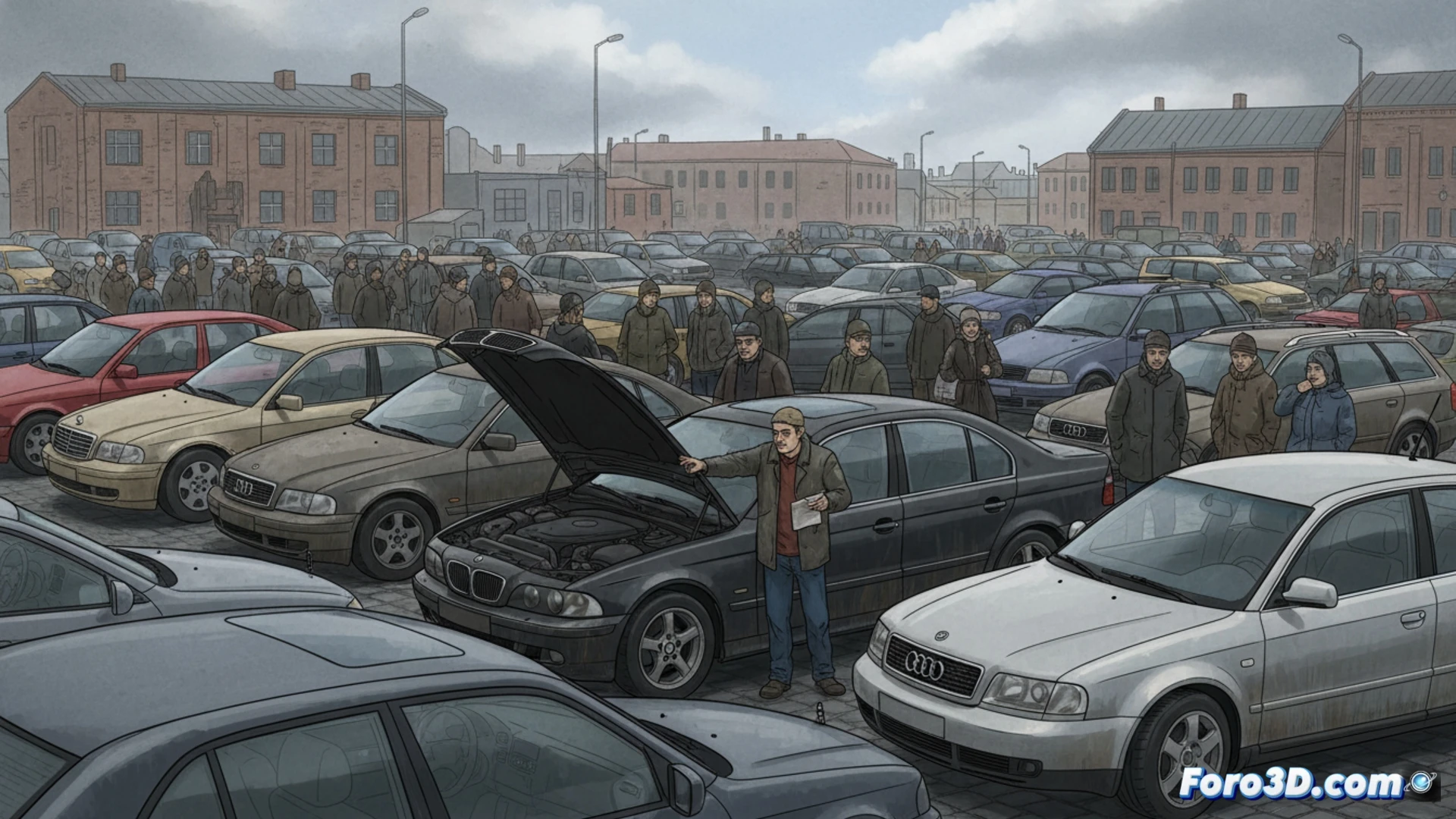 Un estacionamiento con filas de coches diésel alemanes usados, algunos con carteles de precio y compradores revisando motores con expresiones de cautela.