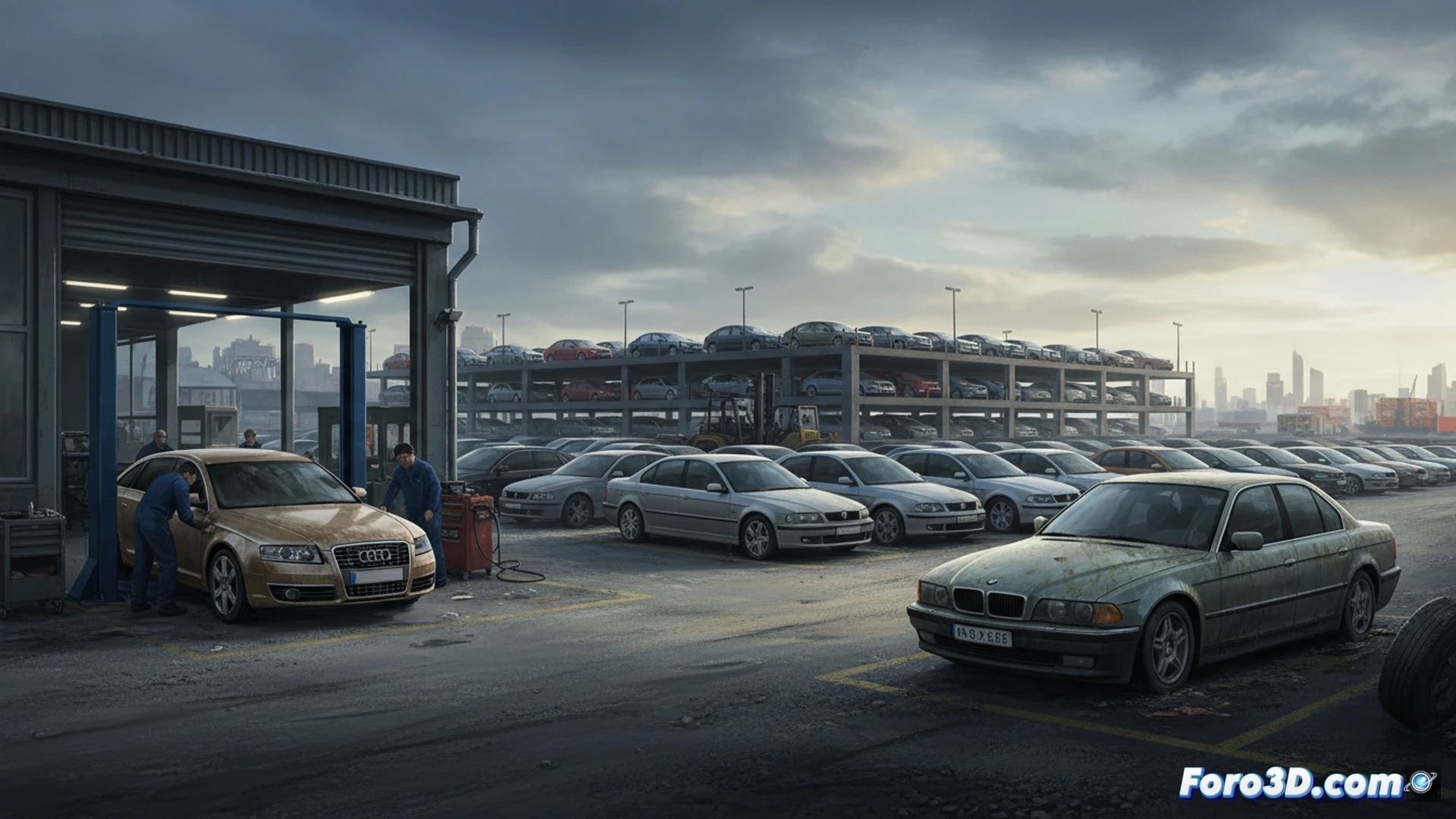 Un mercado de coches usados con Audi y BMW destacados, mostrando actividad de reexportación y talleres mecánicos ocupados.