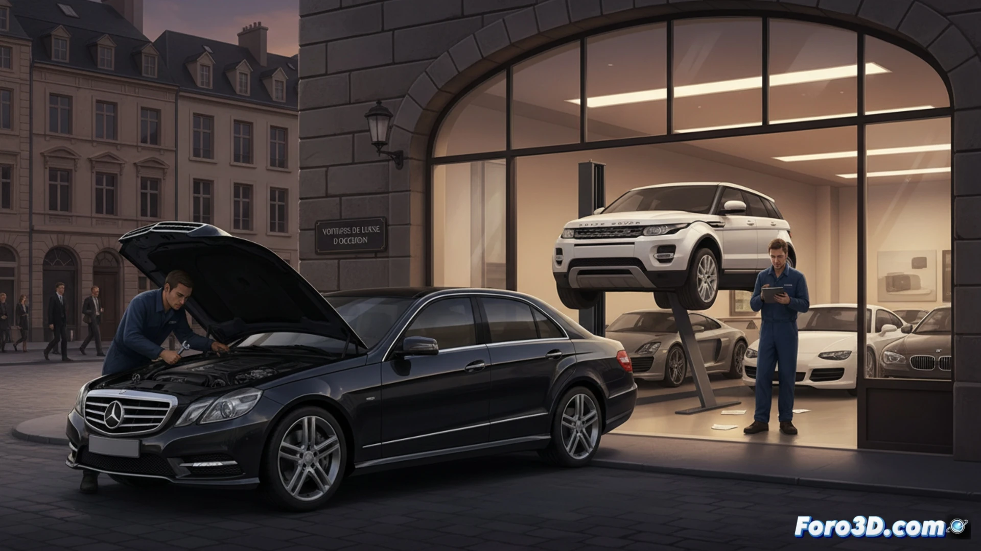 Un Mercedes Clase E y un Range Rover Evoque en un taller de lujo, símbolos del mercado premium de ocasión en Luxemburgo.