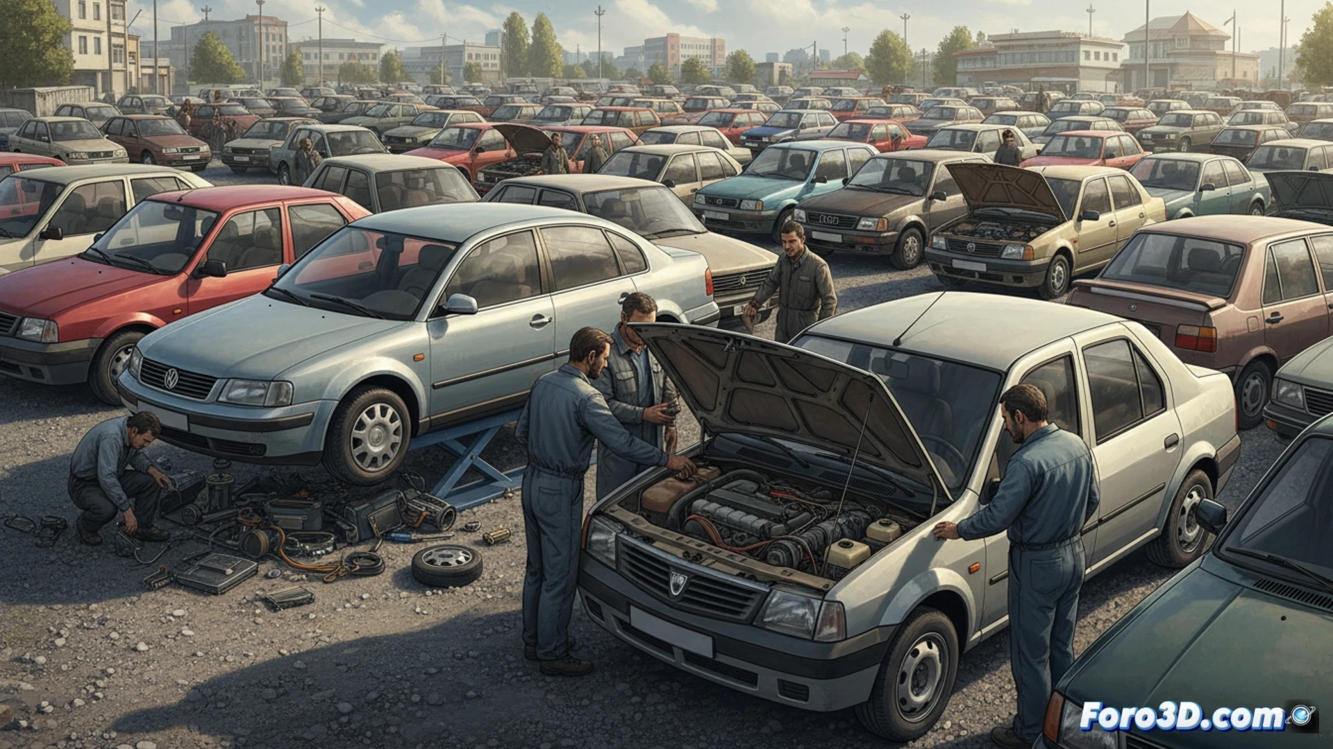 Un Logan y un Passat antiguo en un taller rumano, símbolos de fiabilidad y problemas costosos.