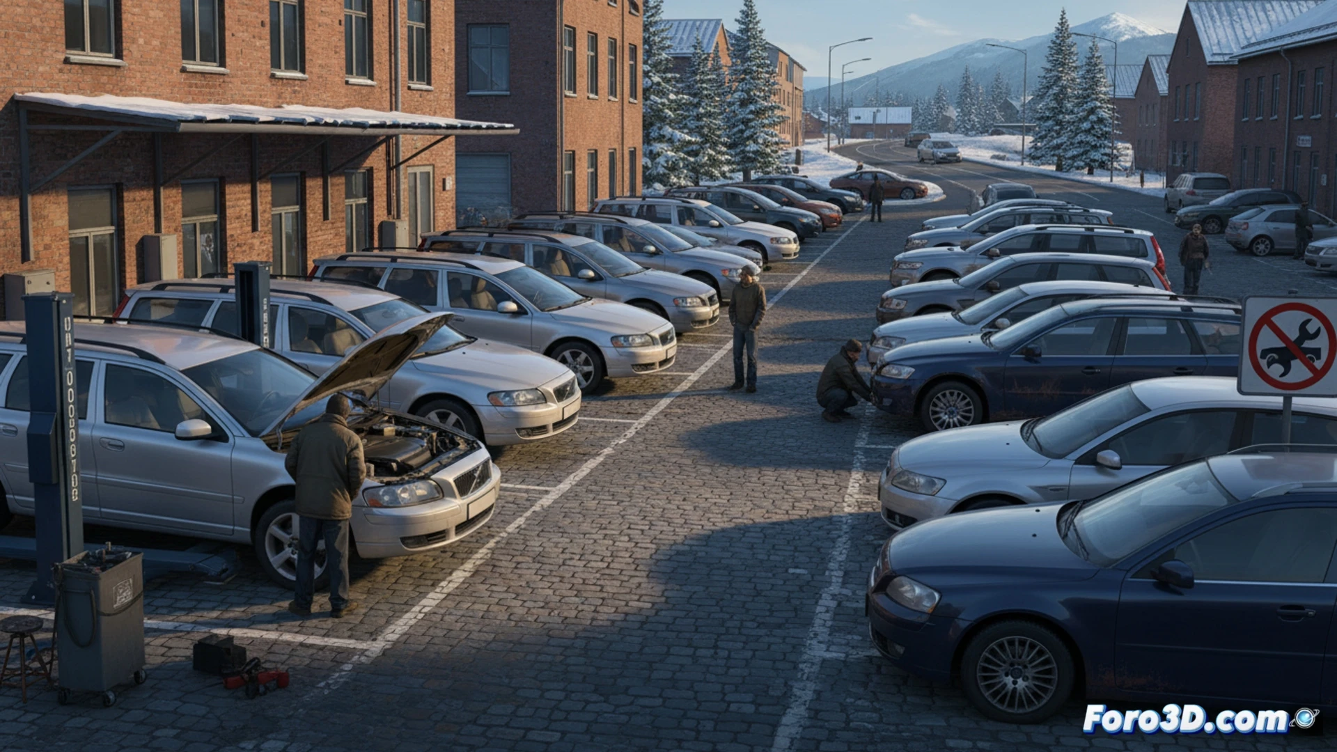 Un Volvo V70 familiar y un Ford Mondeo de flota, en un lote de coches usados bajo el cielo nórdico.