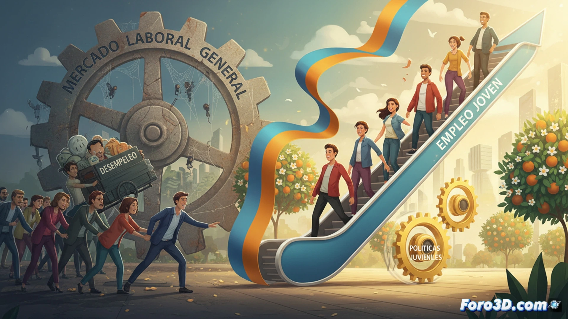 Un gráfico dual: línea roja de paro general subiendo, mientras línea verde de paro juvenil baja, simbolizando contraste laboral.