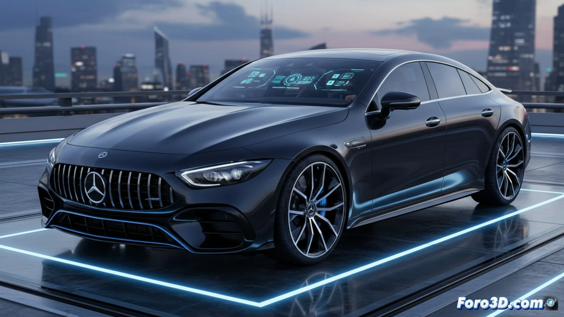Un futurista Mercedes-AMG GT eléctrico de cuatro puertas, con líneas afiladas y aerodinámicas, destacando sobre un fondo dinámico y tecnológico.