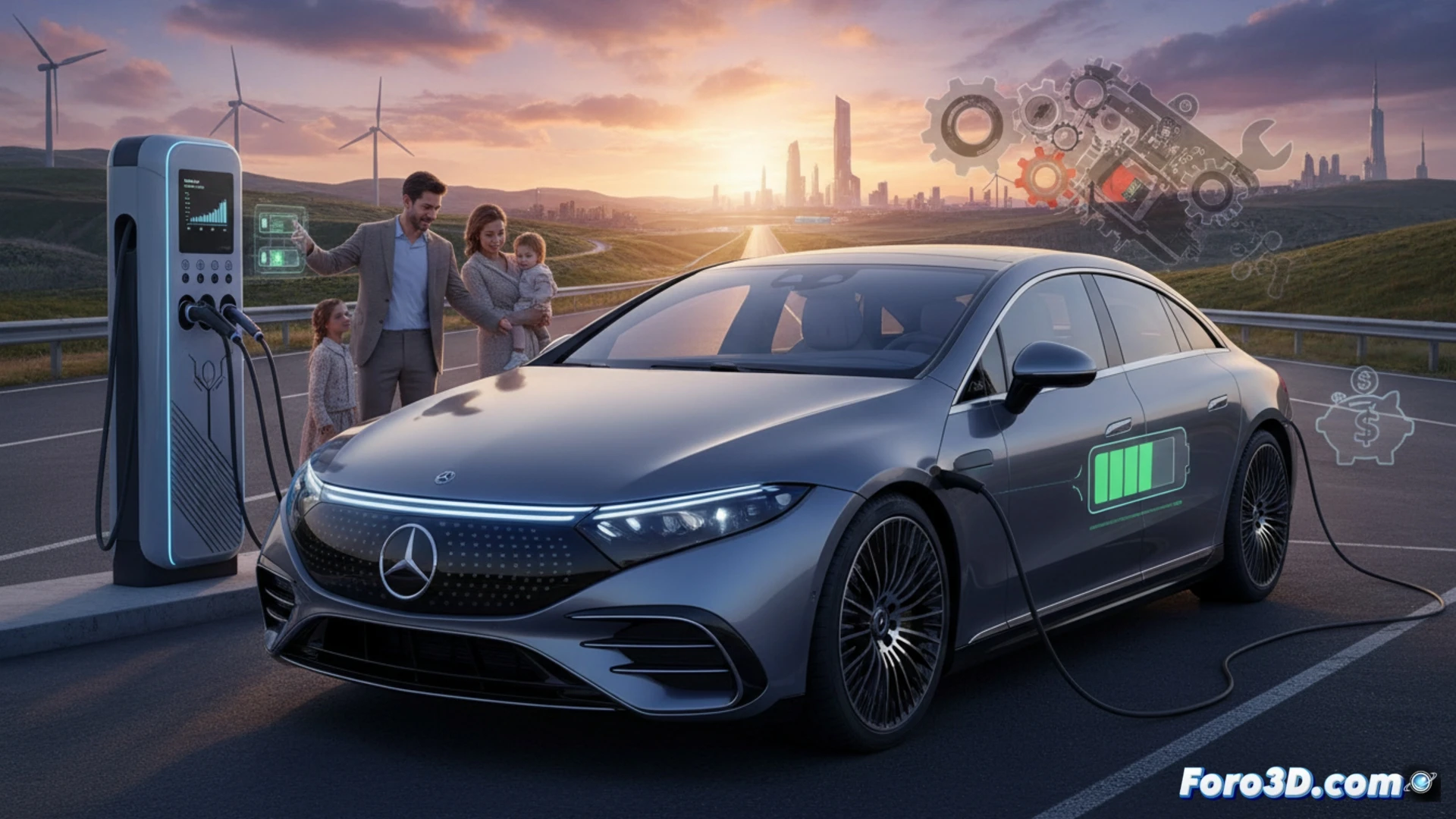 Un Mercedes EQS plateado cargando en una estación moderna, con gráficos digitales mostrando su alta autonomía y velocidad de carga.