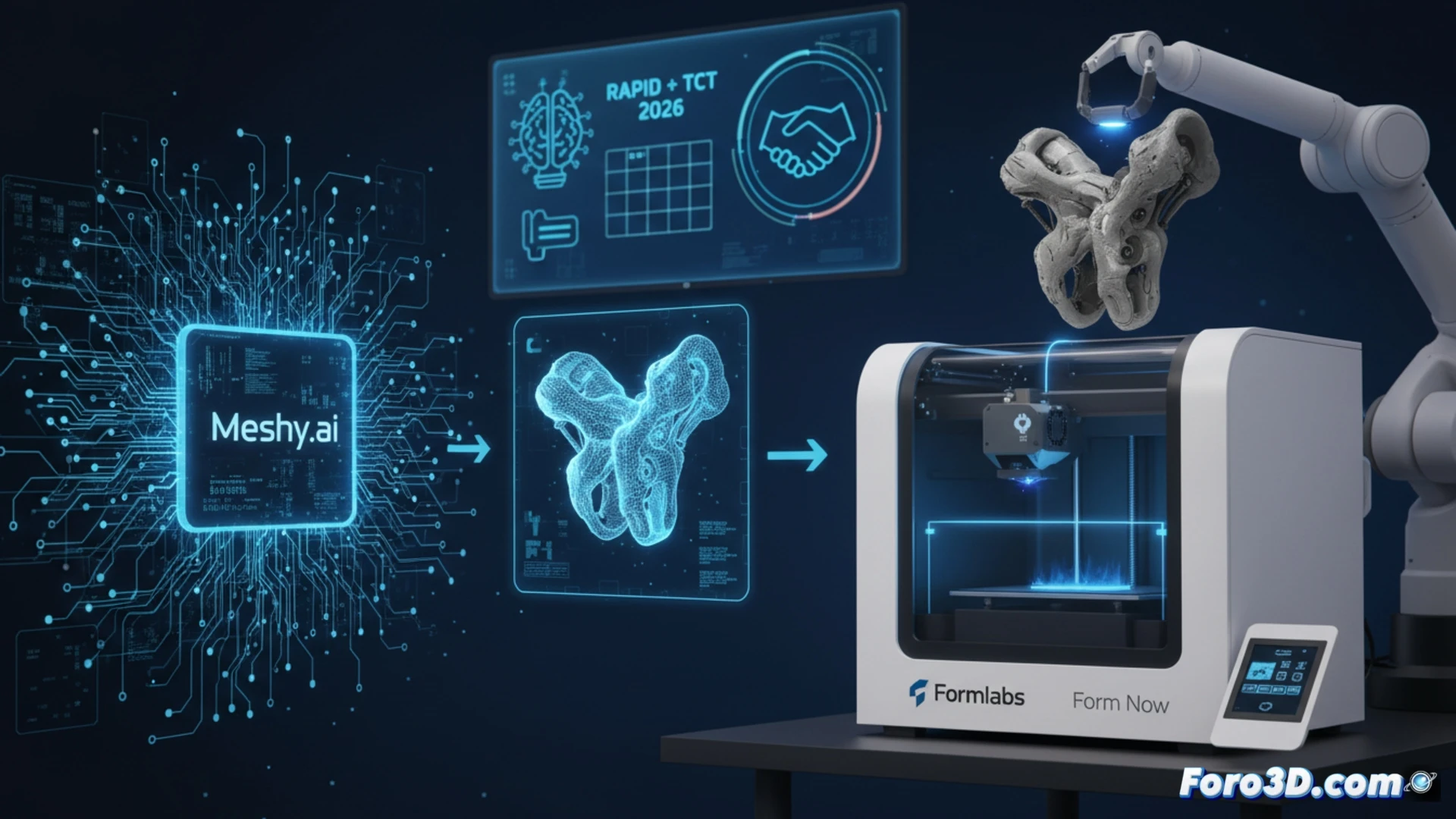 Una mano humana interactúa con una interfaz digital que muestra un modelo 3D generado por IA, mientras una impresora 3D Formlabs lo fabrica en segundo plano.