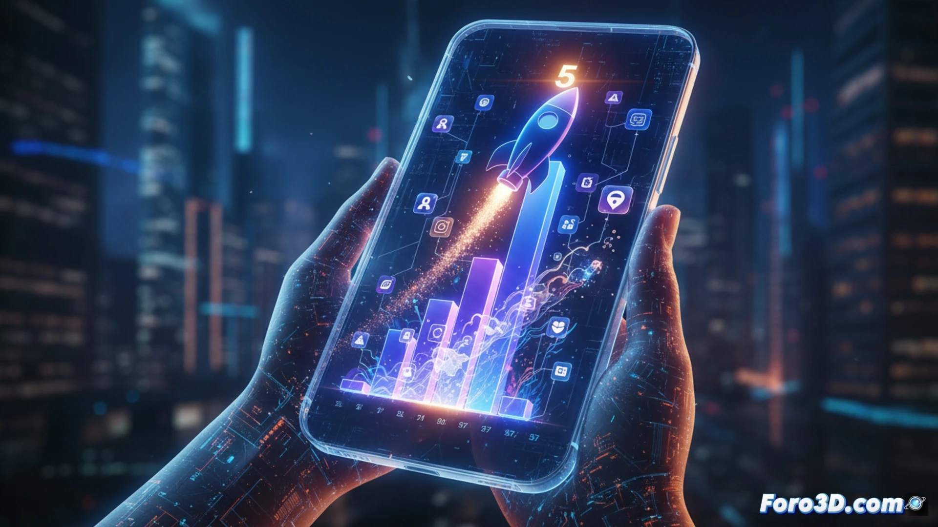 Gráfico de teléfono mostrando a Meta AI subiendo del puesto 57 al 5 en ranking de apps, con logos de IA de fondo.