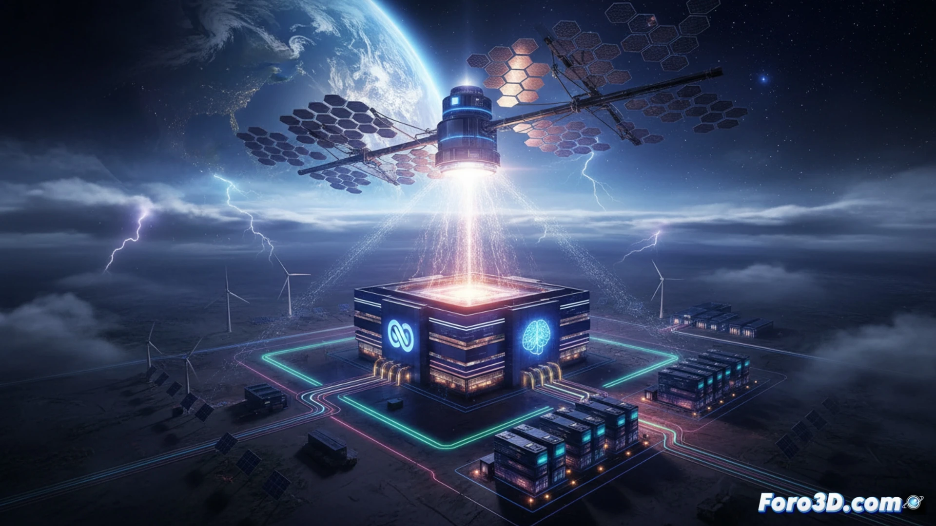 Una imagen futurista muestra paneles solares orbitales sobre la Tierra, conectados por un haz de luz a un centro de datos de Meta. El sol brilla en el espacio, mientras baterías de Noon Energy flotan cerca, simbolizando almacenamiento continuo.