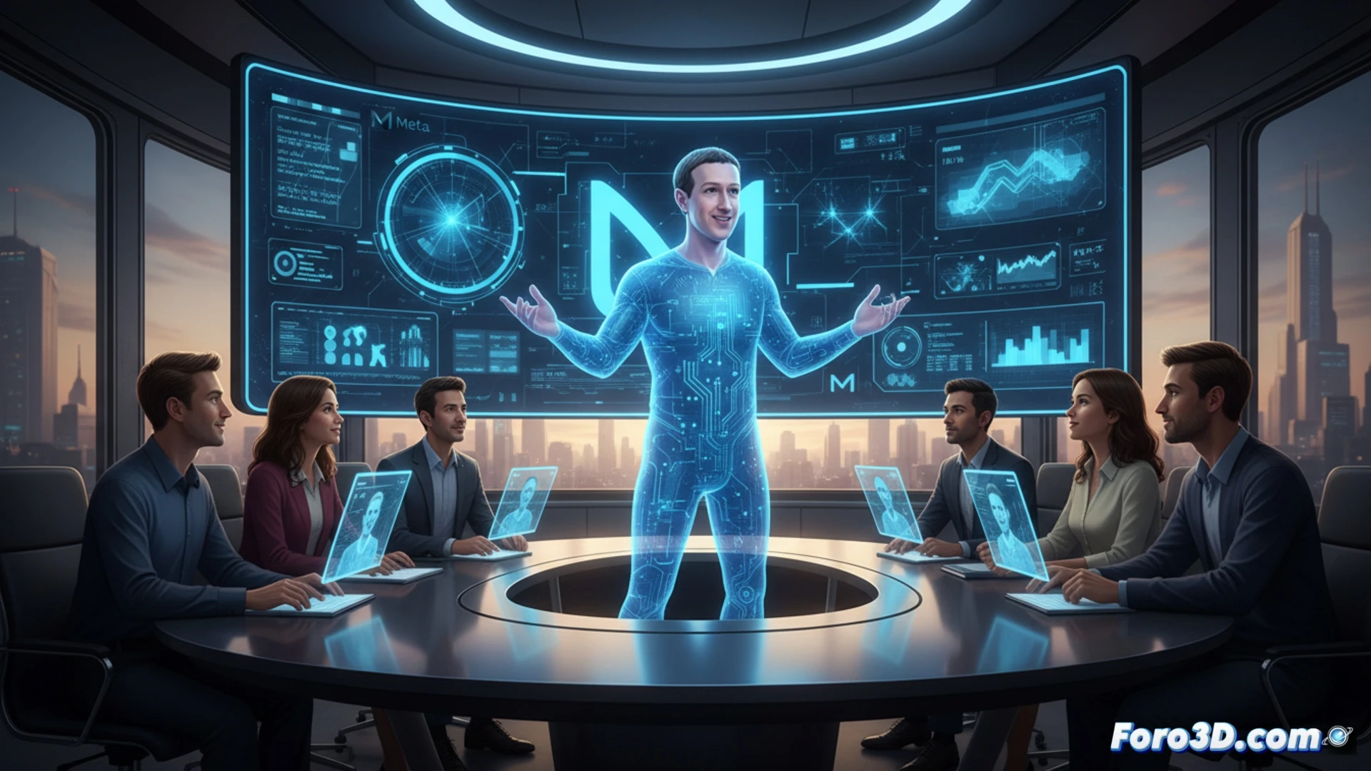 Un avatar digital de Mark Zuckerberg, con rasgos realistas y sonrisa serena, flota sobre un escritorio virtual. Empleados de Meta, con cascos de realidad mixta, interactúan con la proyección holográfica en una oficina futurista iluminada por luces azules.