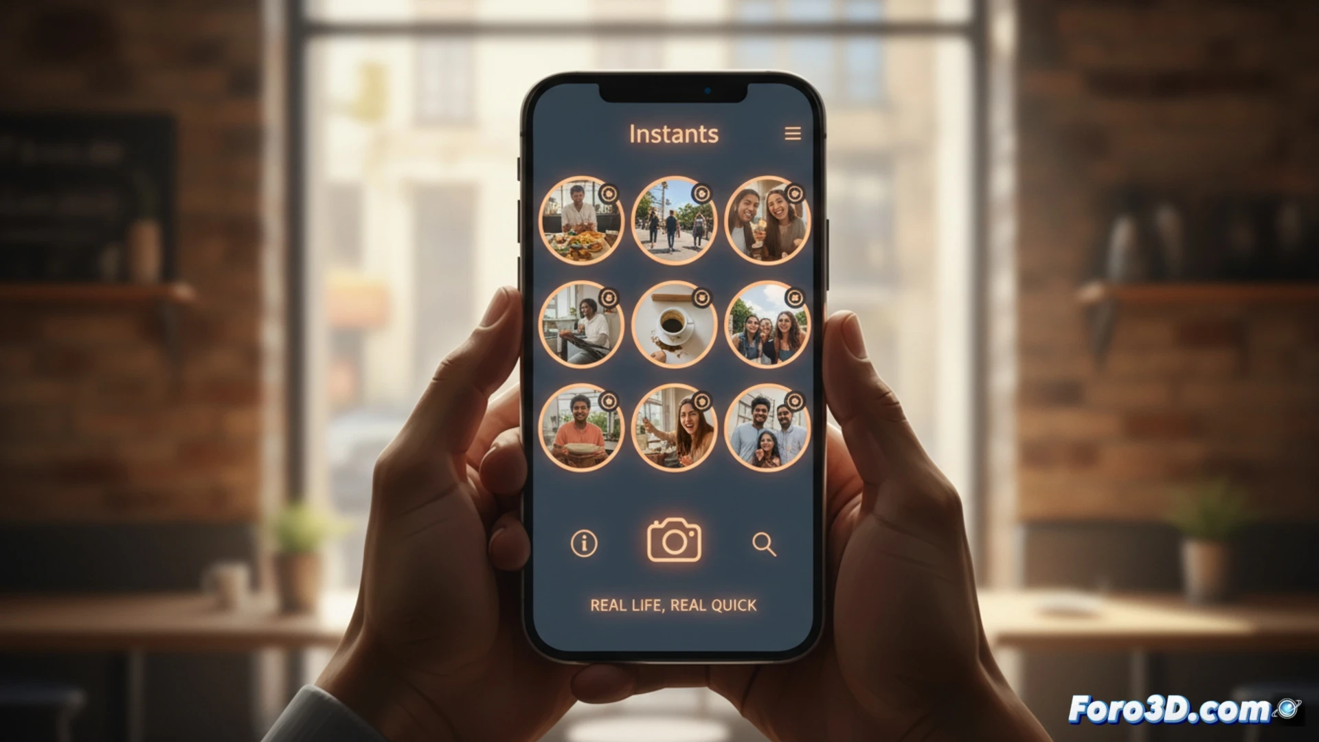 Un móvil muestra la app Instants con una foto borrosa y un cronómetro de 24h, junto al logo de Instagram.