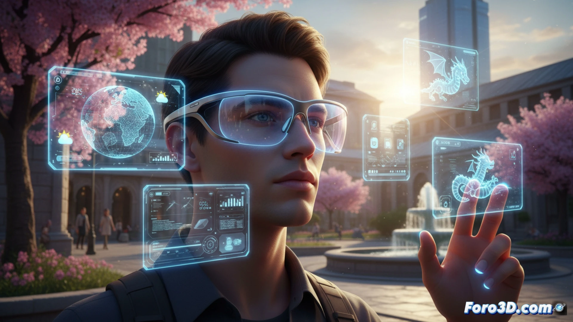 Prototipo de gafas AR Meta Orion proyectando un holograma 3D interactivo sobre una mesa de trabajo.