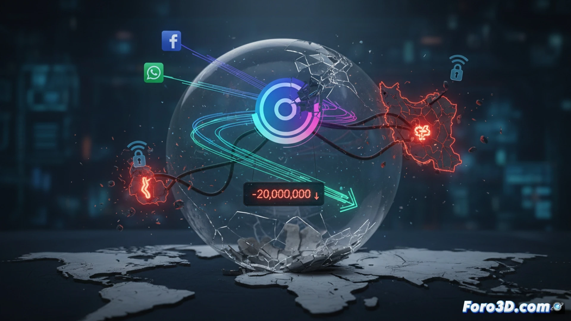 Un mapa digital con banderas de Irán y Rusia, y un gráfico descendente de usuarios de Meta.